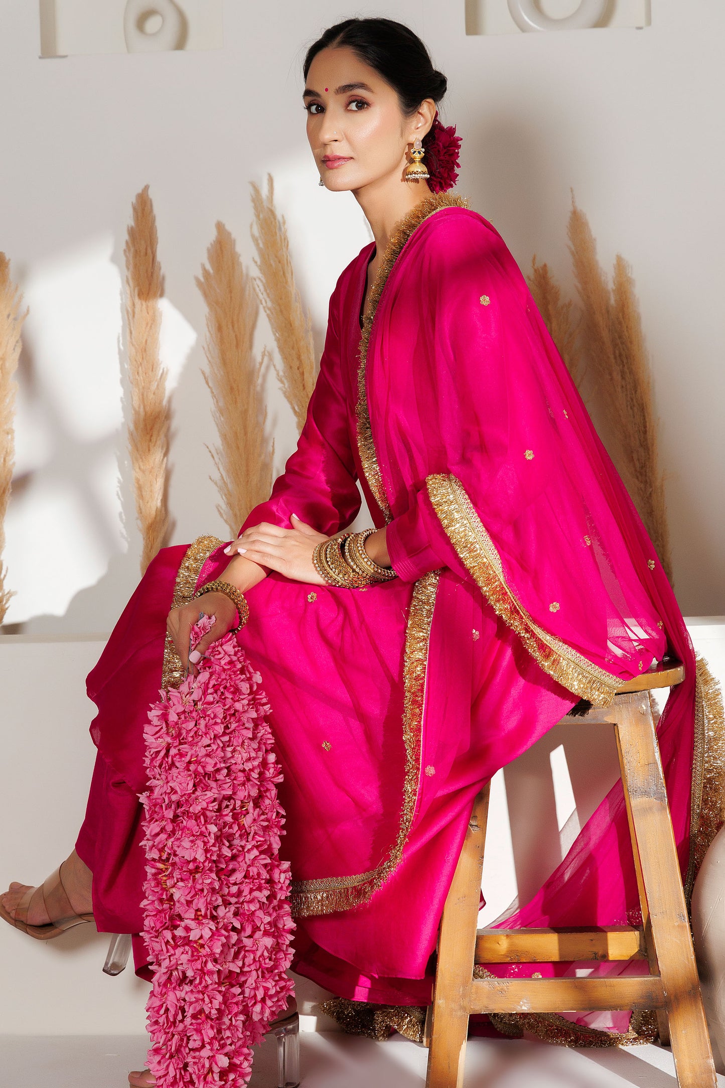 MMD/ GUL/ 107 Chanderi gulab kurta with a pink chanderi palazzo with a chinta sitara kinari dupatta.