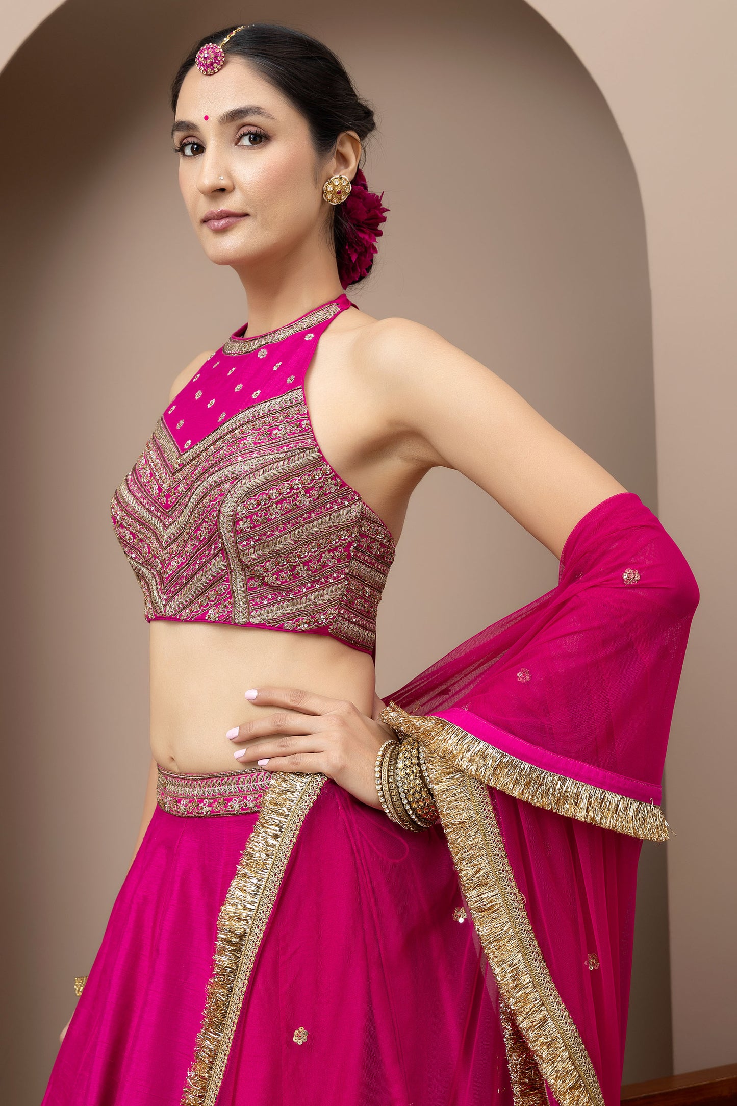 MMD/GUL/104 Gulab halter embroidered dupion blouse with a pink dupion mehrab lehenga with chinta sitara kinari dupatta.