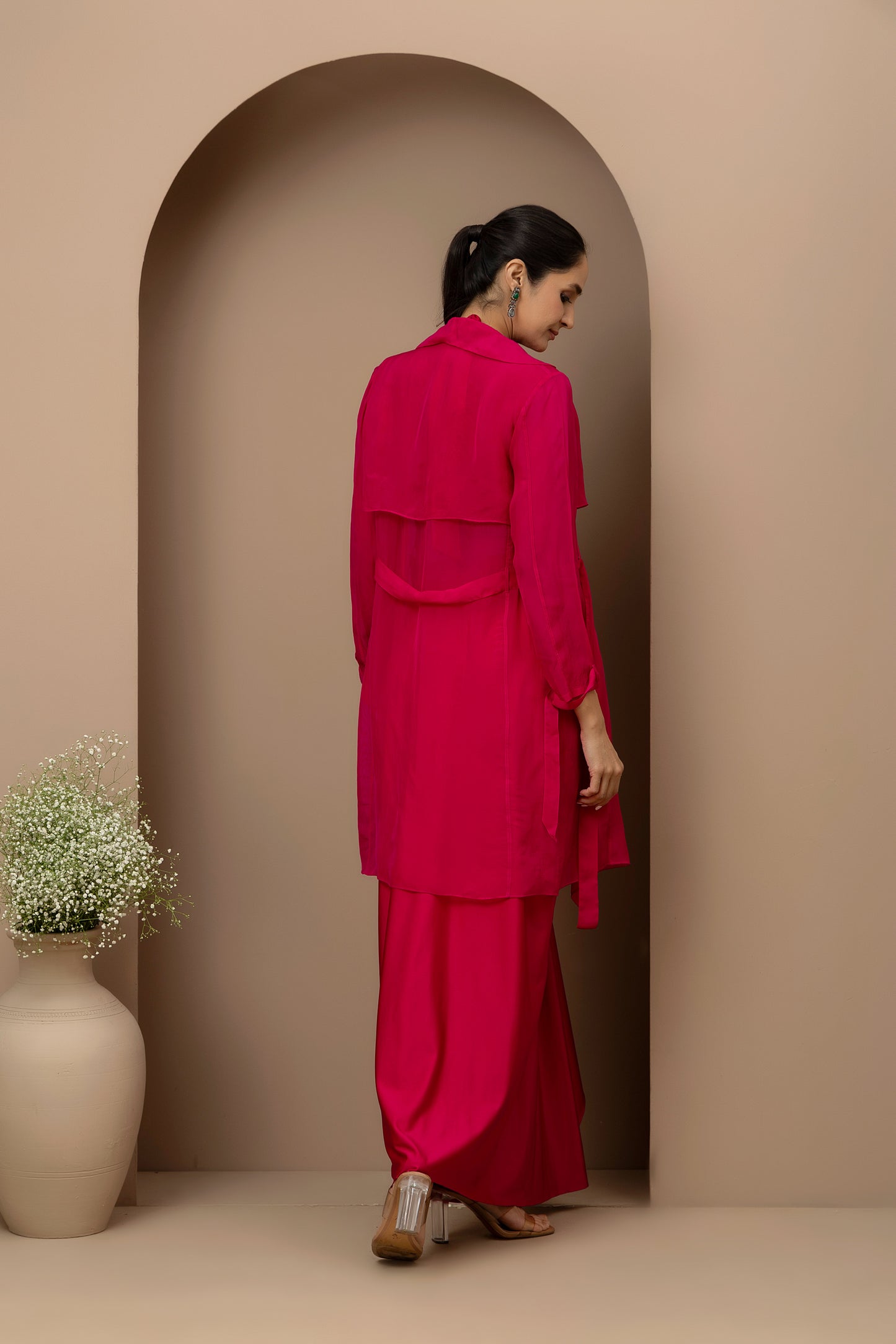 MMD/GUL/111 Gulab halter embroidered dupion blouse with lycra dhoti stitched pants with organza overlay jacket.