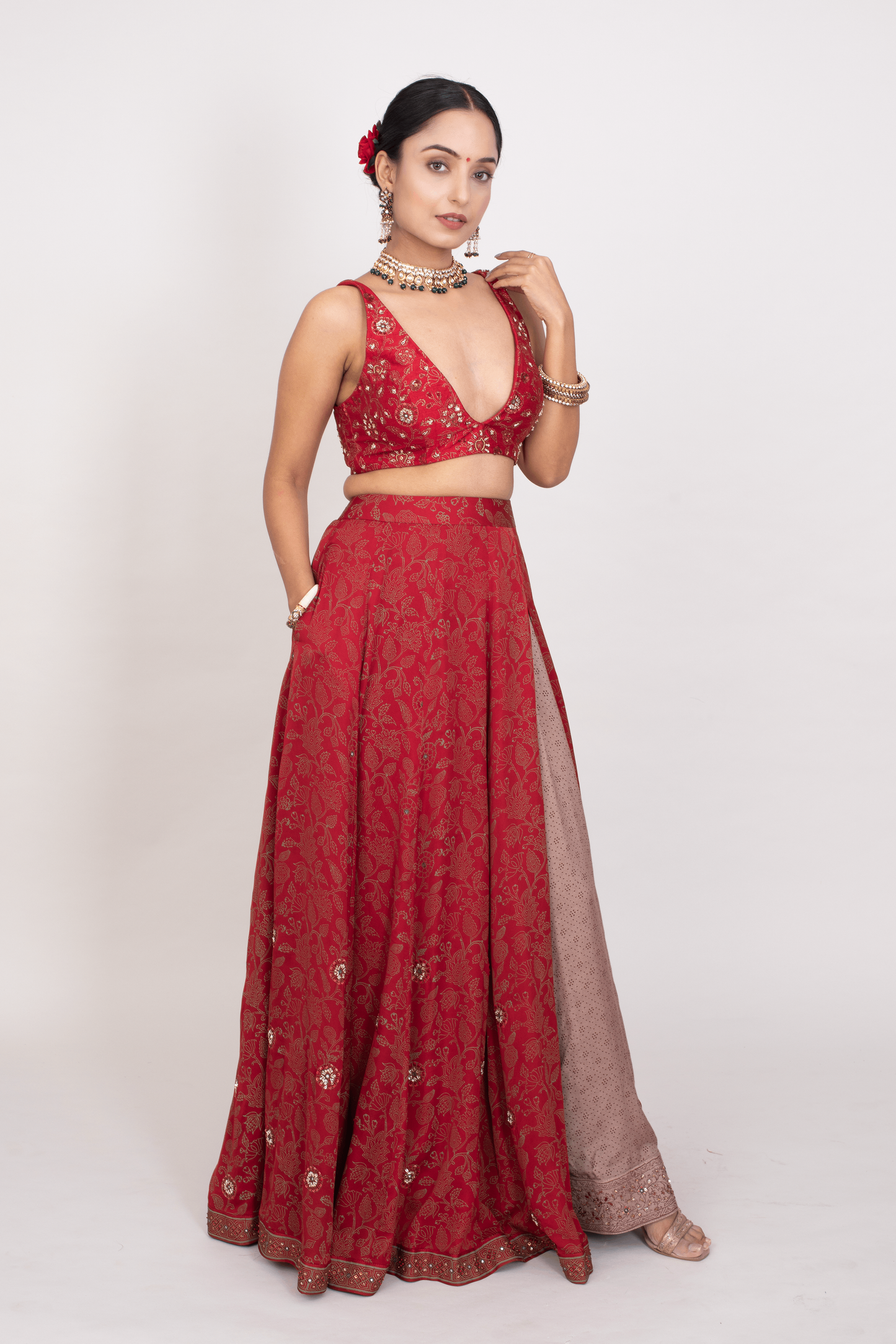 FS 117// Maroon blouse with cotton modal printed lehenga