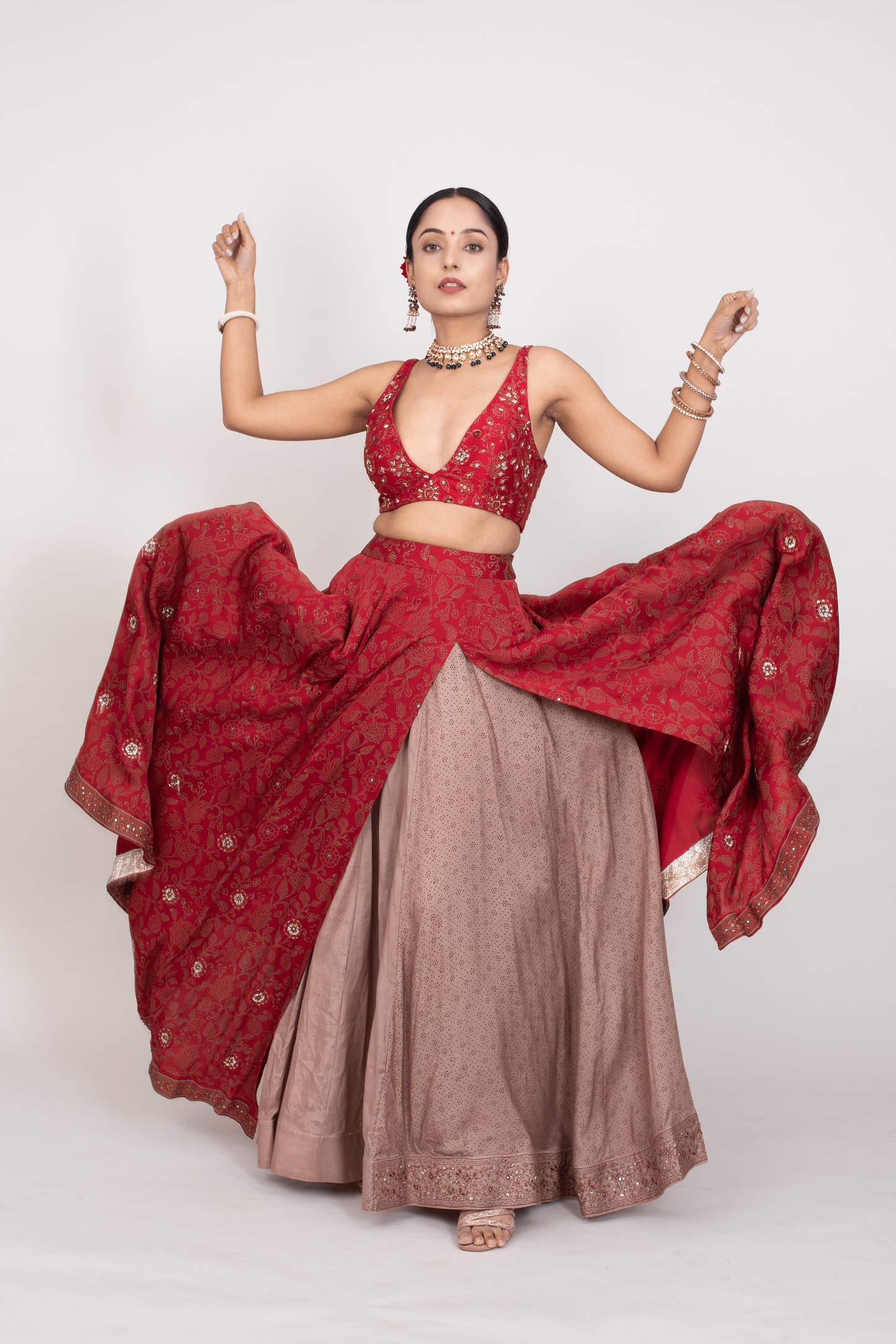 FS 117// Maroon blouse with cotton modal printed lehenga