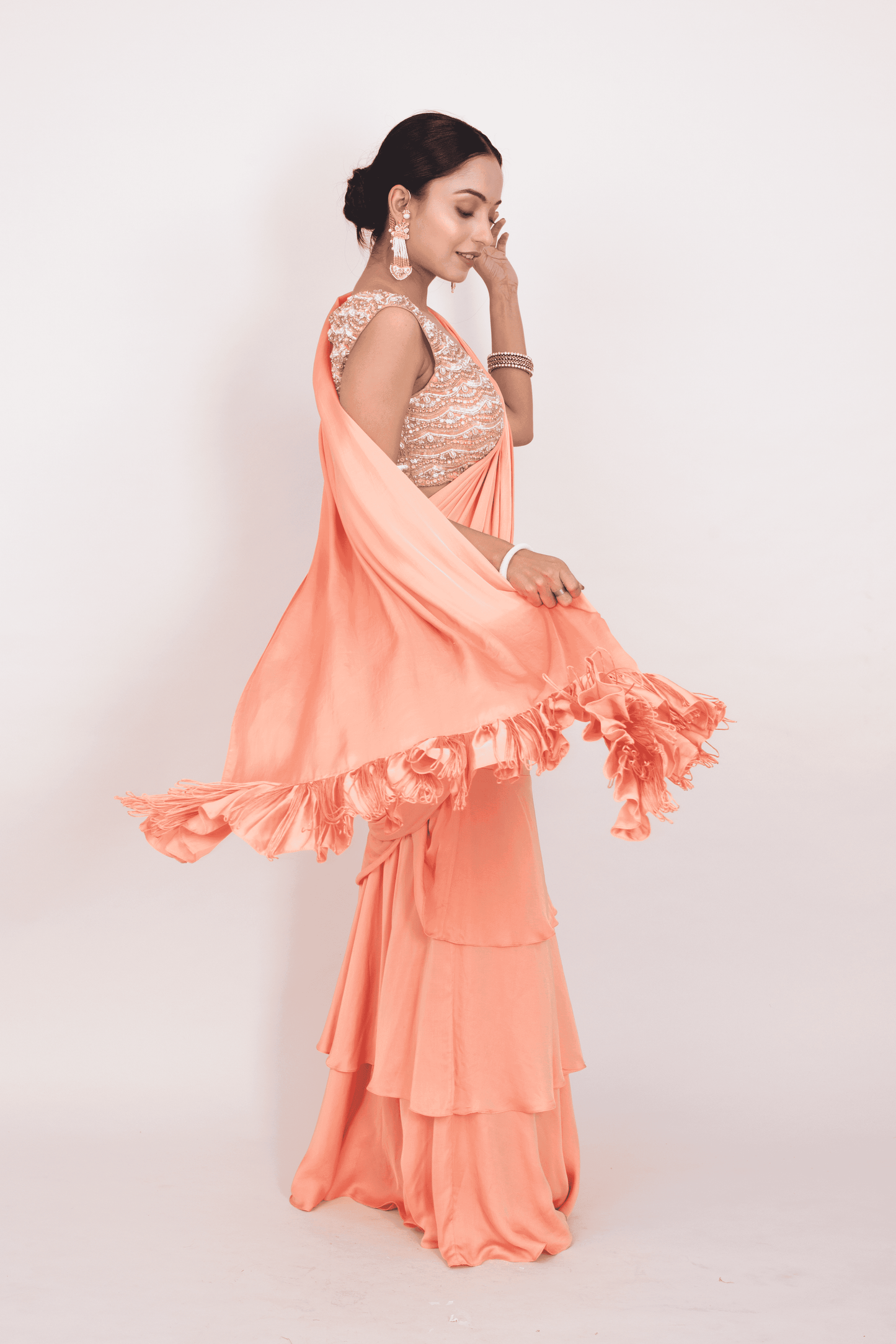 FS 118// Peach cotton modal pre-stitched saree