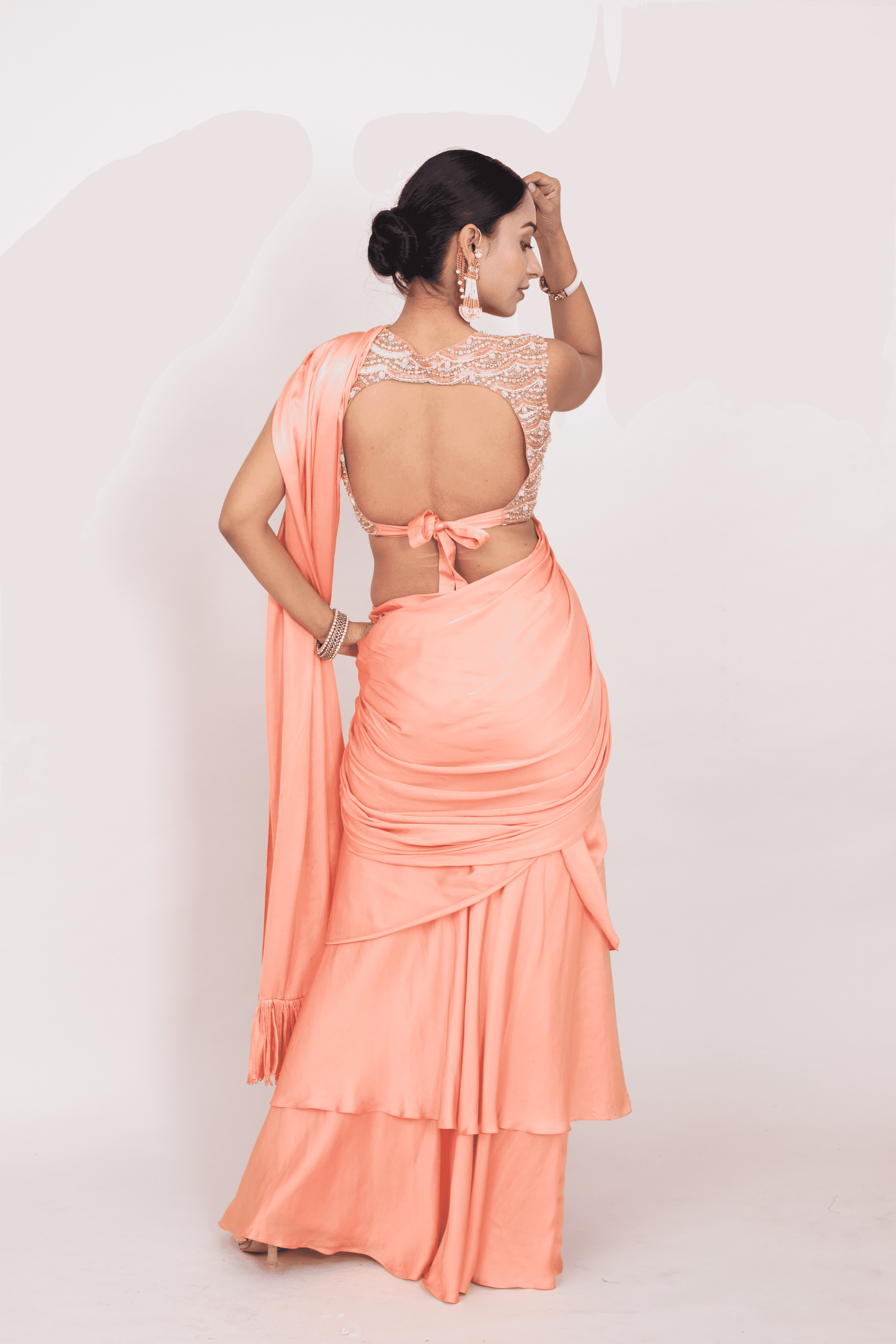 FS 118// Peach cotton modal pre-stitched saree