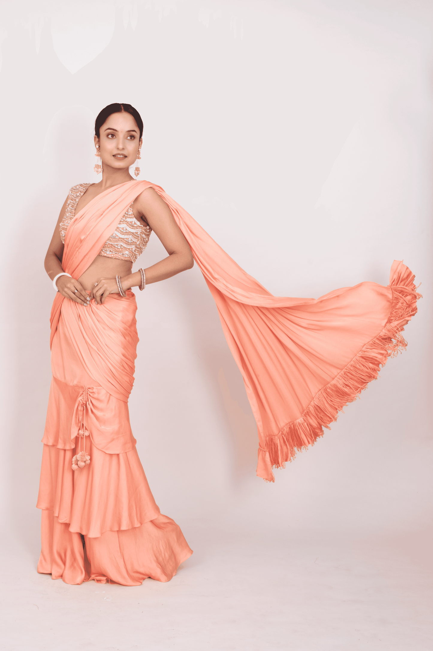 FS 118// Peach cotton modal pre-stitched saree