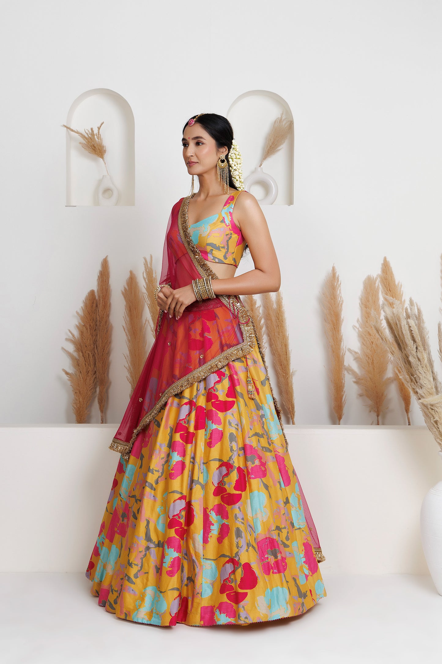 MMD/GUL/101 CHANDERI GUL-PRINTED LEHENGA WITH A CHANDERI BLOUSE PAIRED WITH A CHINTA SITARA KINARI DUPATTA.