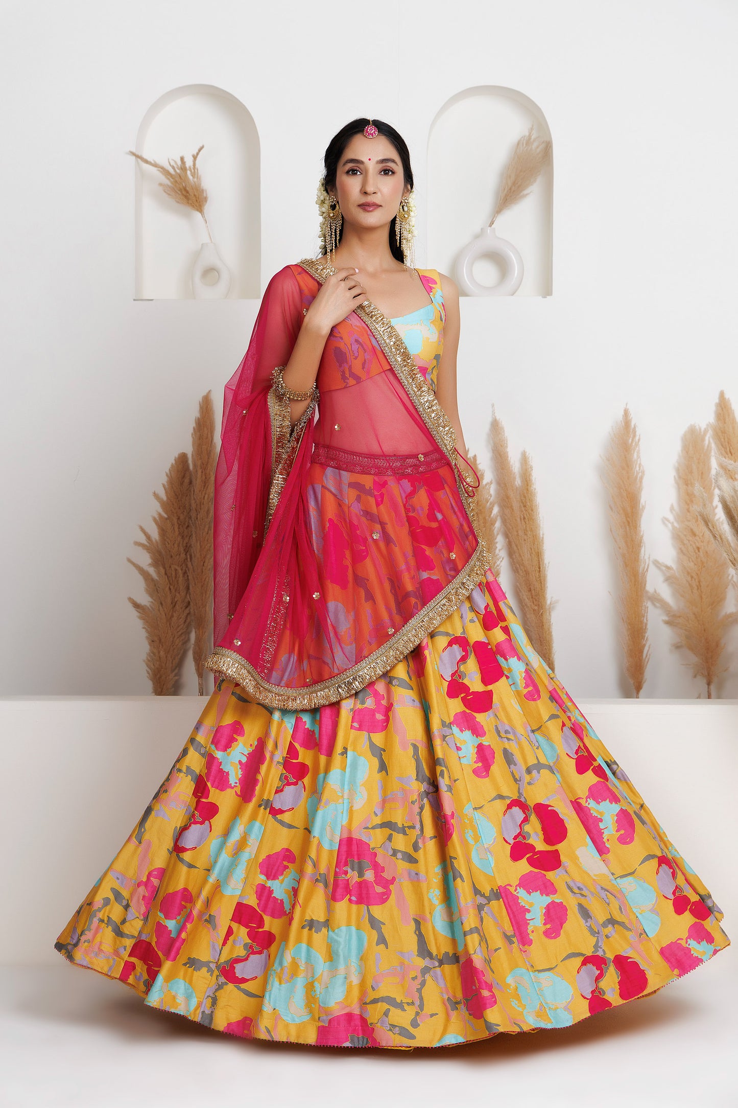 MMD/GUL/101 CHANDERI GUL-PRINTED LEHENGA WITH A CHANDERI BLOUSE PAIRED WITH A CHINTA SITARA KINARI DUPATTA.