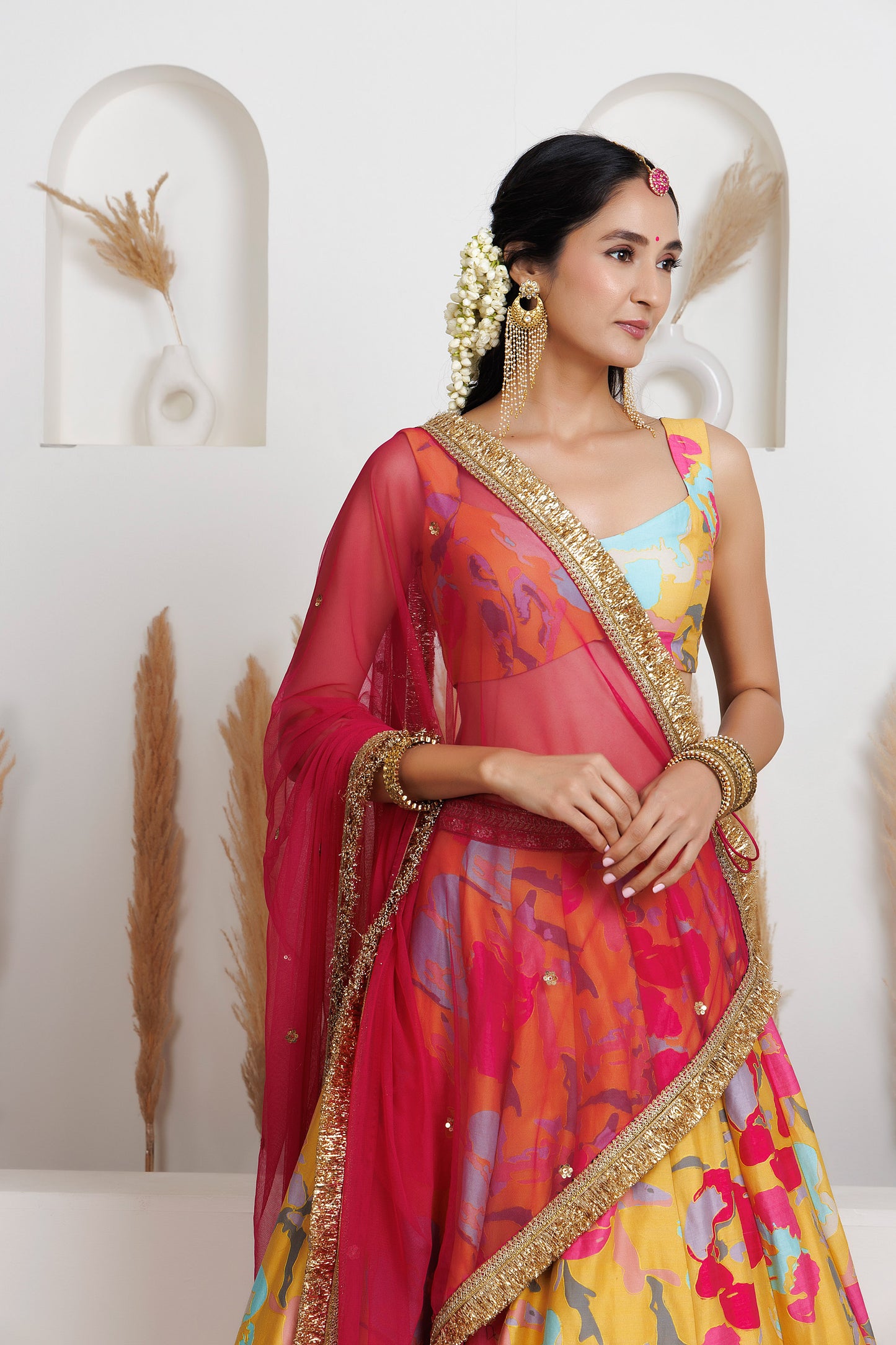 MMD/GUL/101 CHANDERI GUL-PRINTED LEHENGA WITH A CHANDERI BLOUSE PAIRED WITH A CHINTA SITARA KINARI DUPATTA.