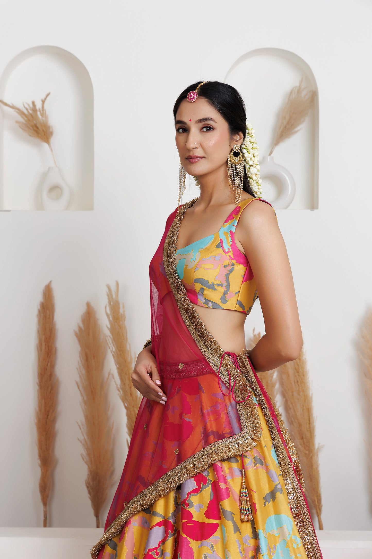 MMD/GUL/101 CHANDERI GUL-PRINTED LEHENGA WITH A CHANDERI BLOUSE PAIRED WITH A CHINTA SITARA KINARI DUPATTA.