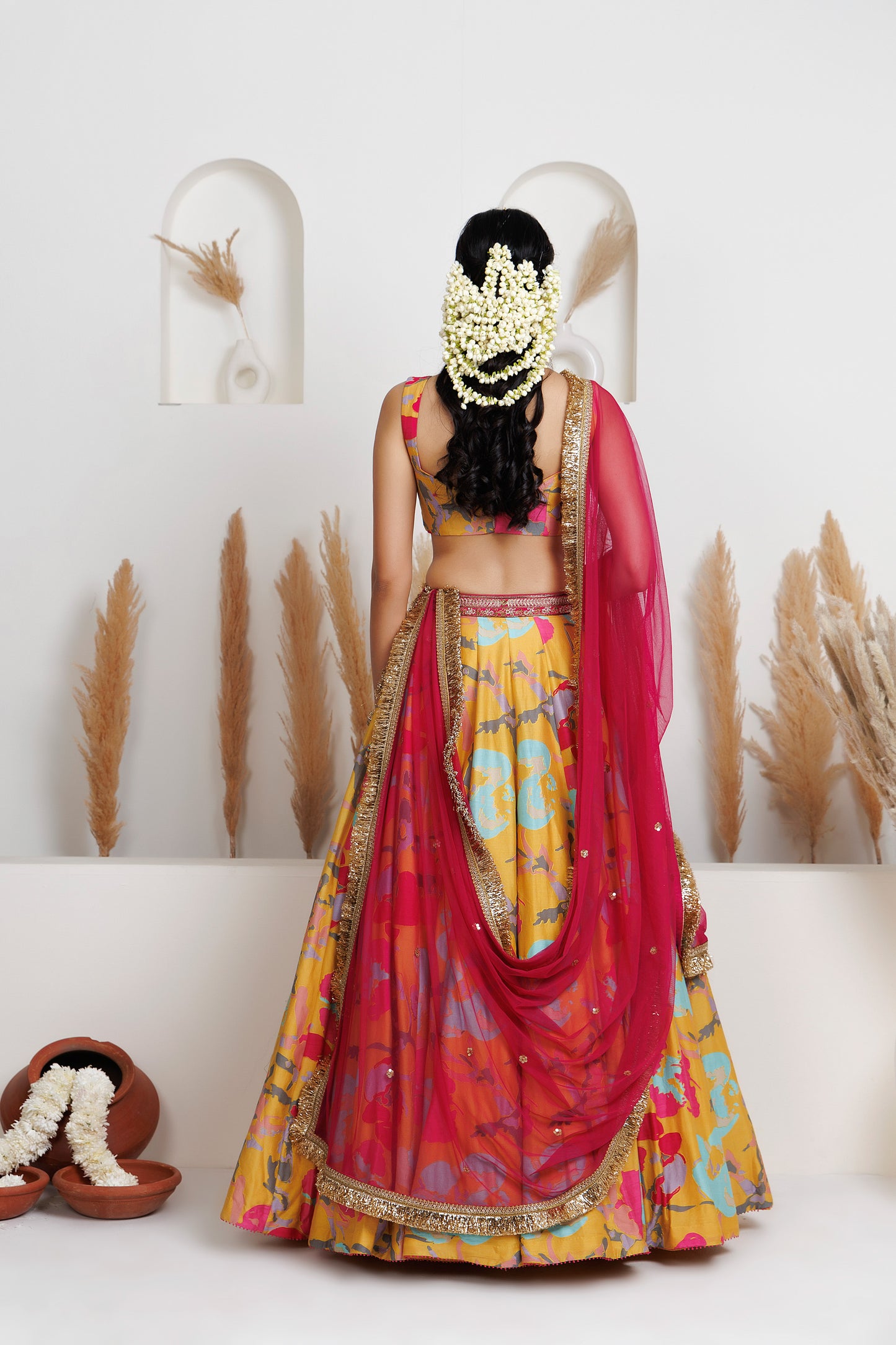 MMD/GUL/101 CHANDERI GUL-PRINTED LEHENGA WITH A CHANDERI BLOUSE PAIRED WITH A CHINTA SITARA KINARI DUPATTA.