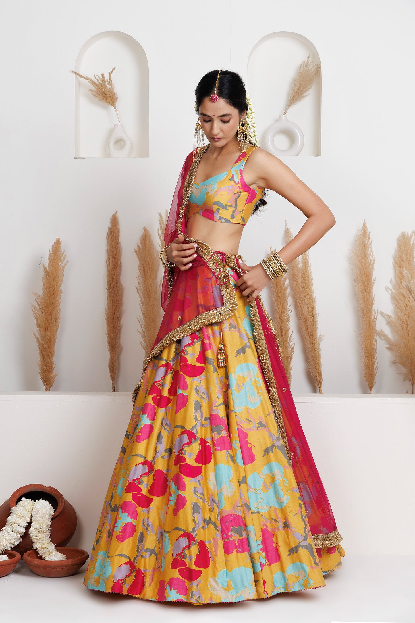MMD/GUL/101 CHANDERI GUL-PRINTED LEHENGA WITH A CHANDERI BLOUSE PAIRED WITH A CHINTA SITARA KINARI DUPATTA.