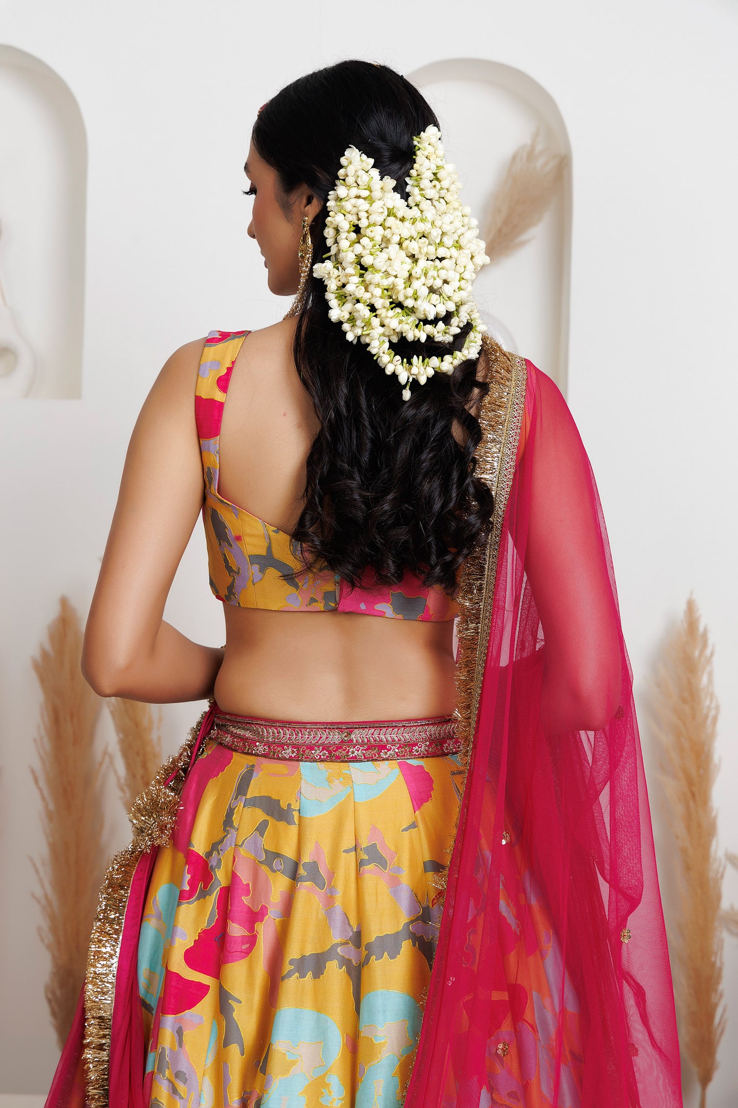 MMD/GUL/101 CHANDERI GUL-PRINTED LEHENGA WITH A CHANDERI BLOUSE PAIRED WITH A CHINTA SITARA KINARI DUPATTA.