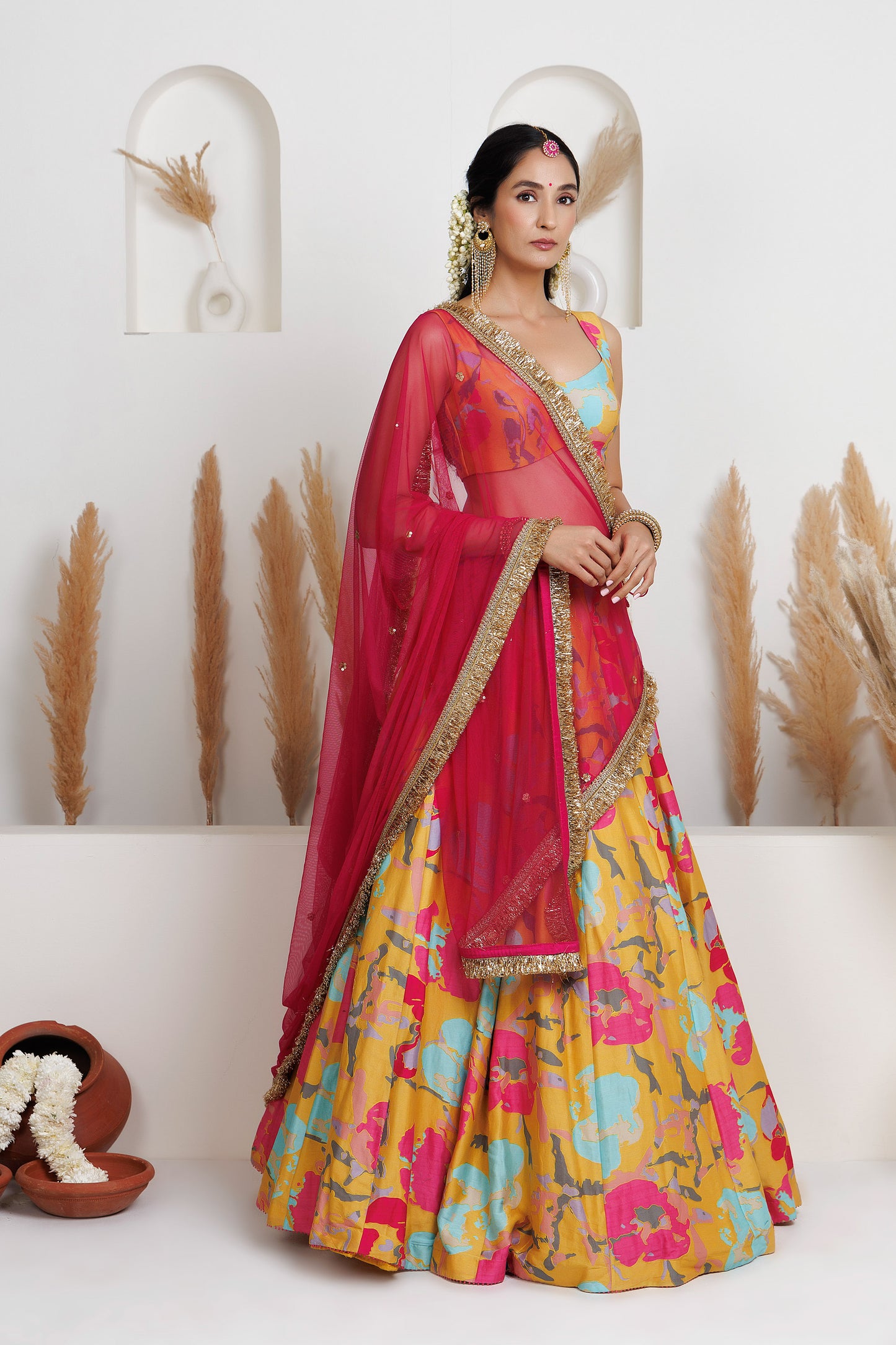 MMD/GUL/101 CHANDERI GUL-PRINTED LEHENGA WITH A CHANDERI BLOUSE PAIRED WITH A CHINTA SITARA KINARI DUPATTA.