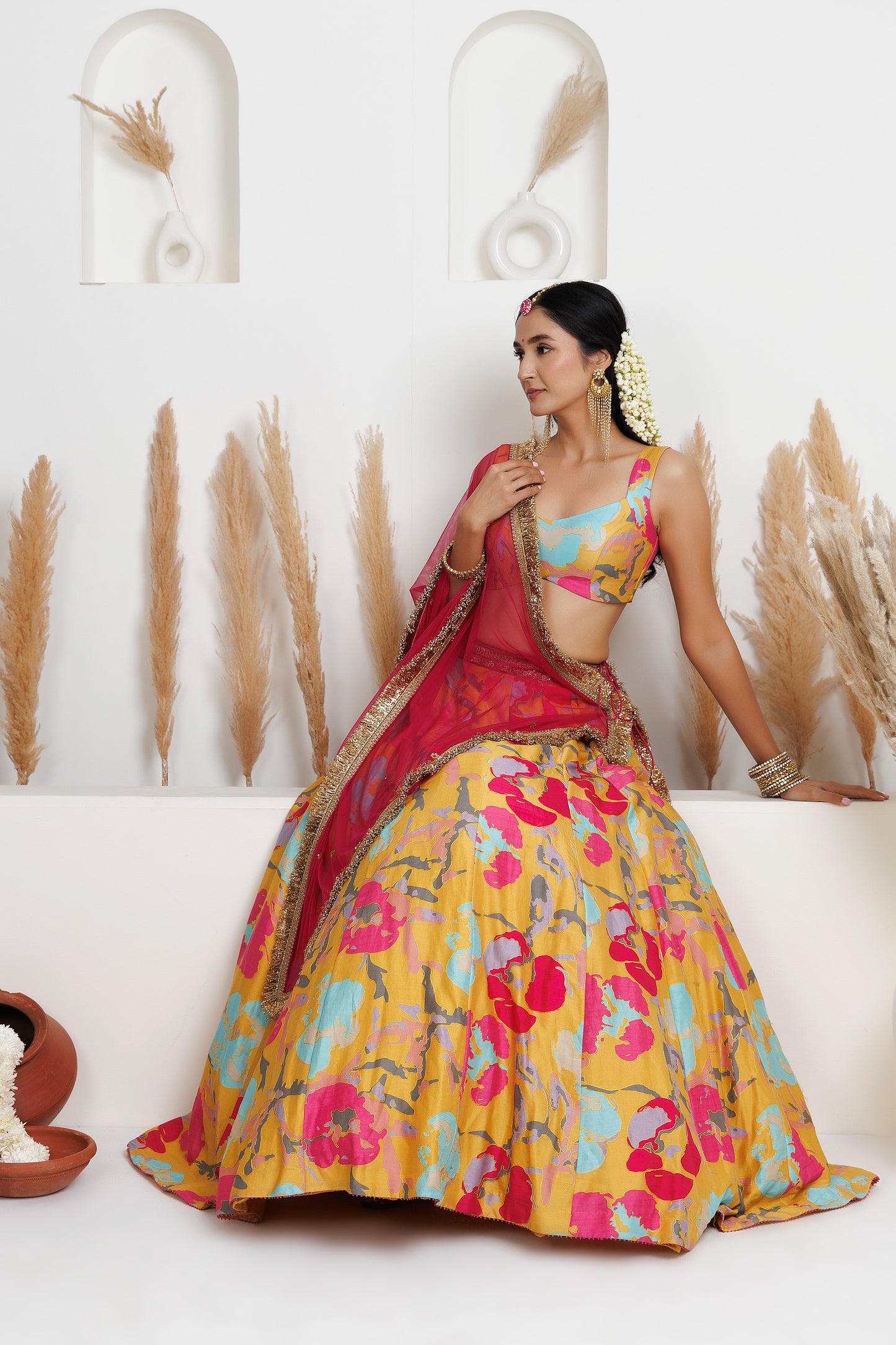 MMD/GUL/101 CHANDERI GUL-PRINTED LEHENGA WITH A CHANDERI BLOUSE PAIRED WITH A CHINTA SITARA KINARI DUPATTA.