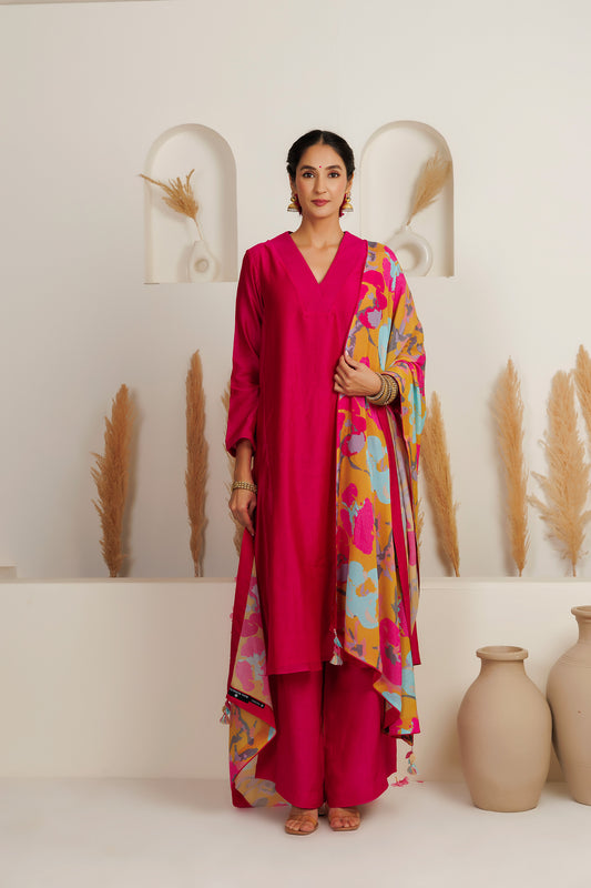 MMD/GUL/ 103 Chanderi gulab kurta with a pink chanderi palazzo with a gul printed georgette dupatta