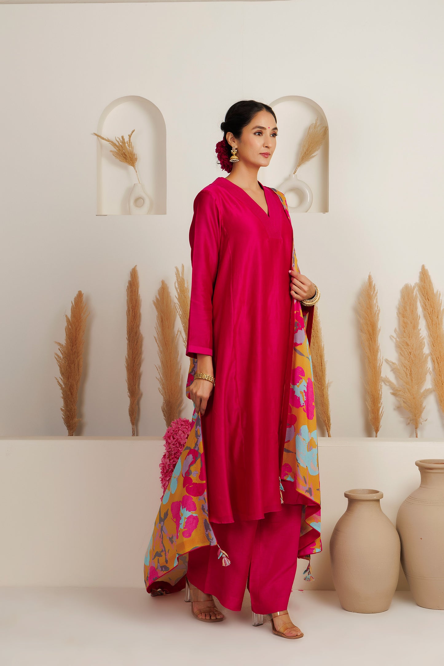 MMD/GUL/ 103 Chanderi gulab kurta with a pink chanderi palazzo with a gul printed georgette dupatta