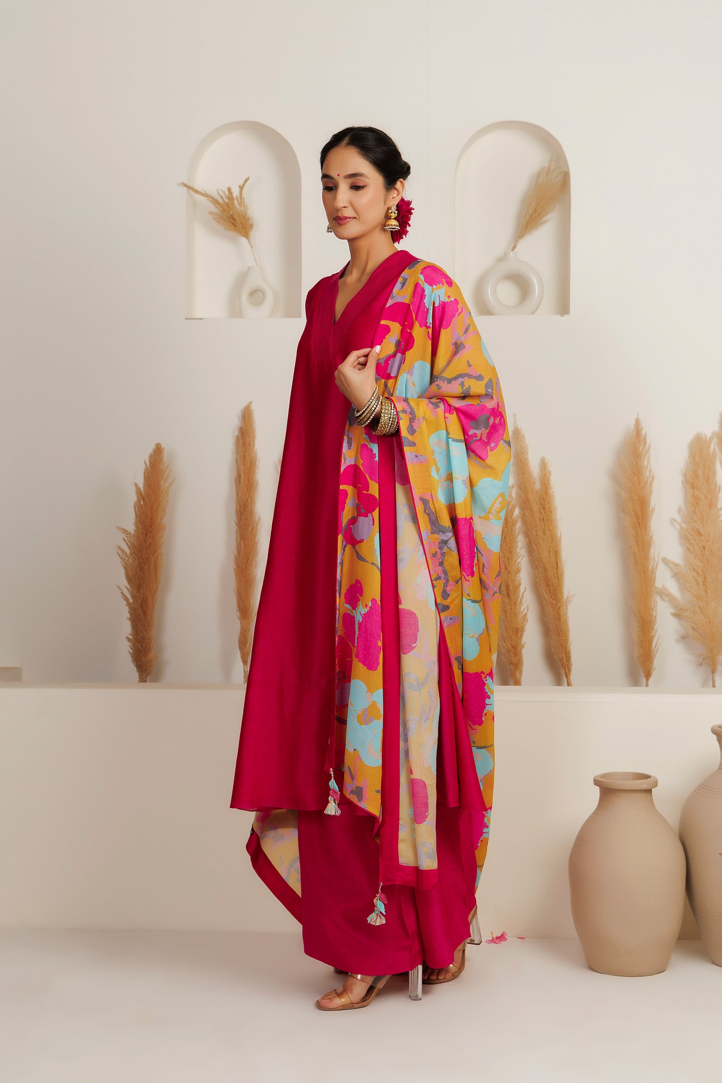 MMD/GUL/ 103 Chanderi gulab kurta with a pink chanderi palazzo with a gul printed georgette dupatta