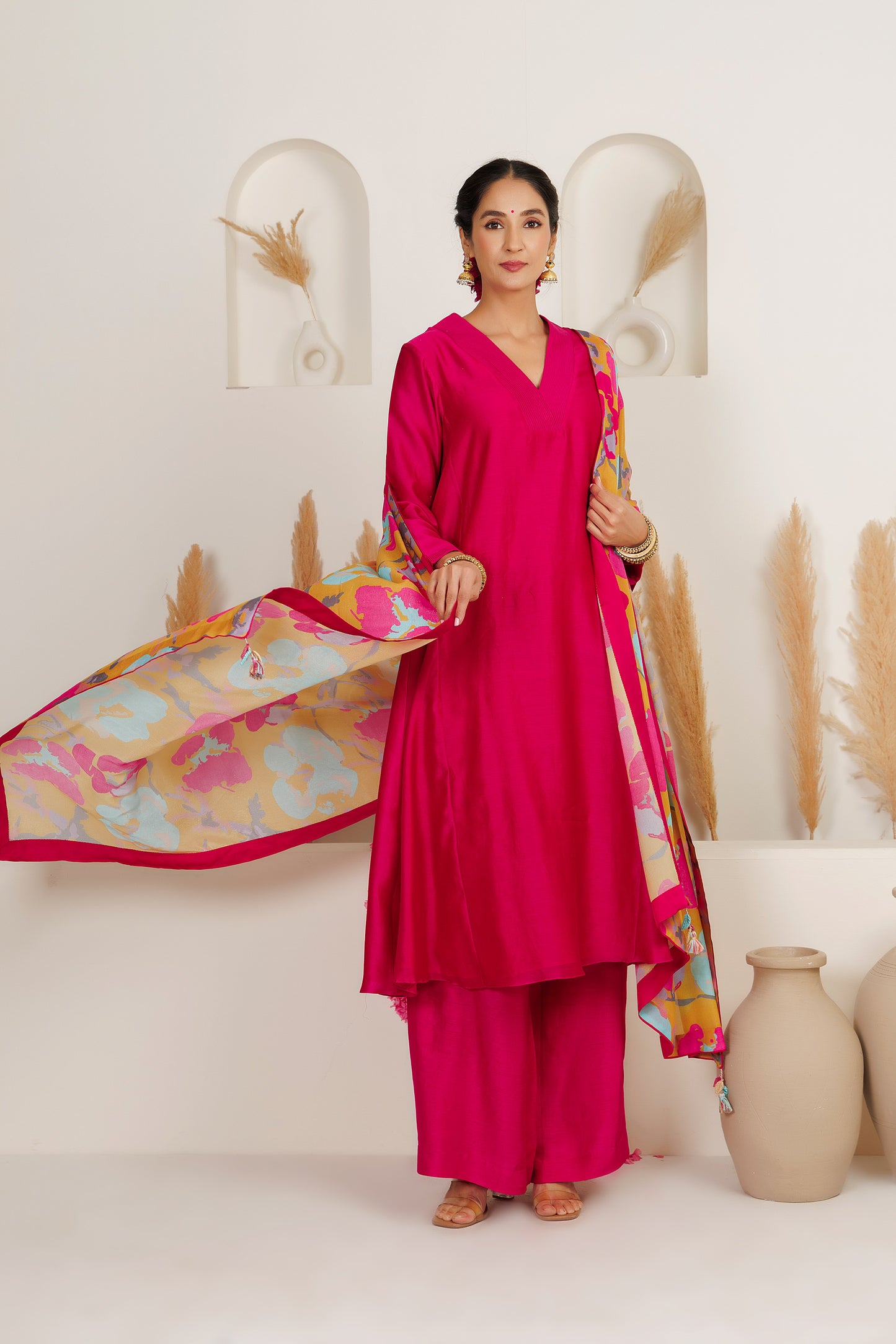 MMD/GUL/ 103 Chanderi gulab kurta with a pink chanderi palazzo with a gul printed georgette dupatta