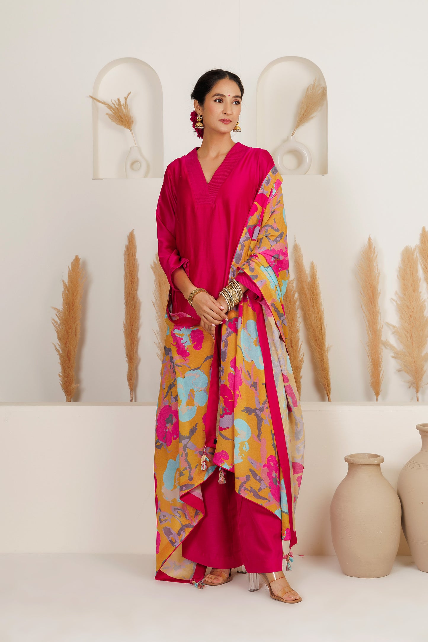 MMD/GUL/ 103 Chanderi gulab kurta with a pink chanderi palazzo with a gul printed georgette dupatta