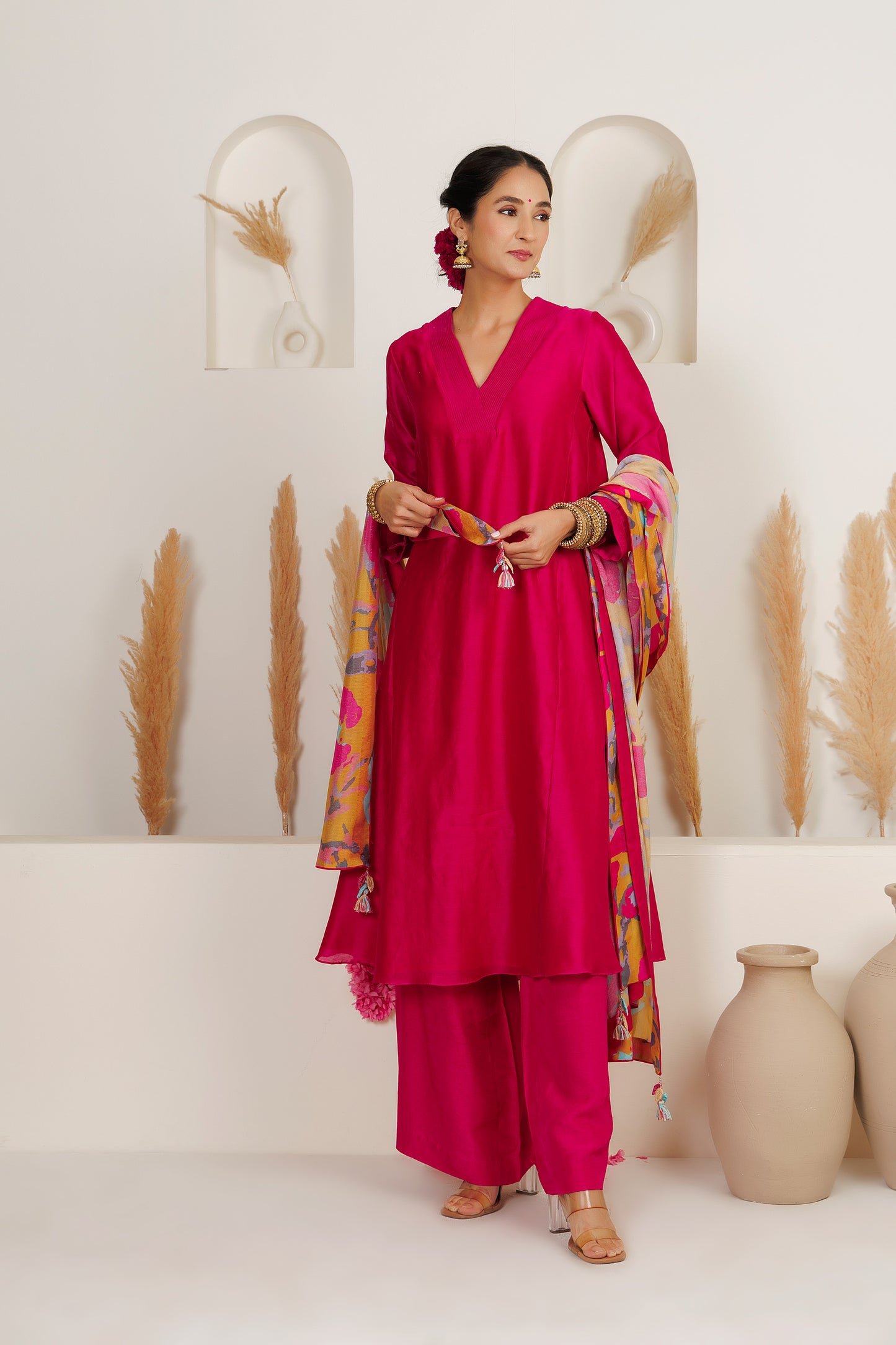 MMD/GUL/ 103 Chanderi gulab kurta with a pink chanderi palazzo with a gul printed georgette dupatta