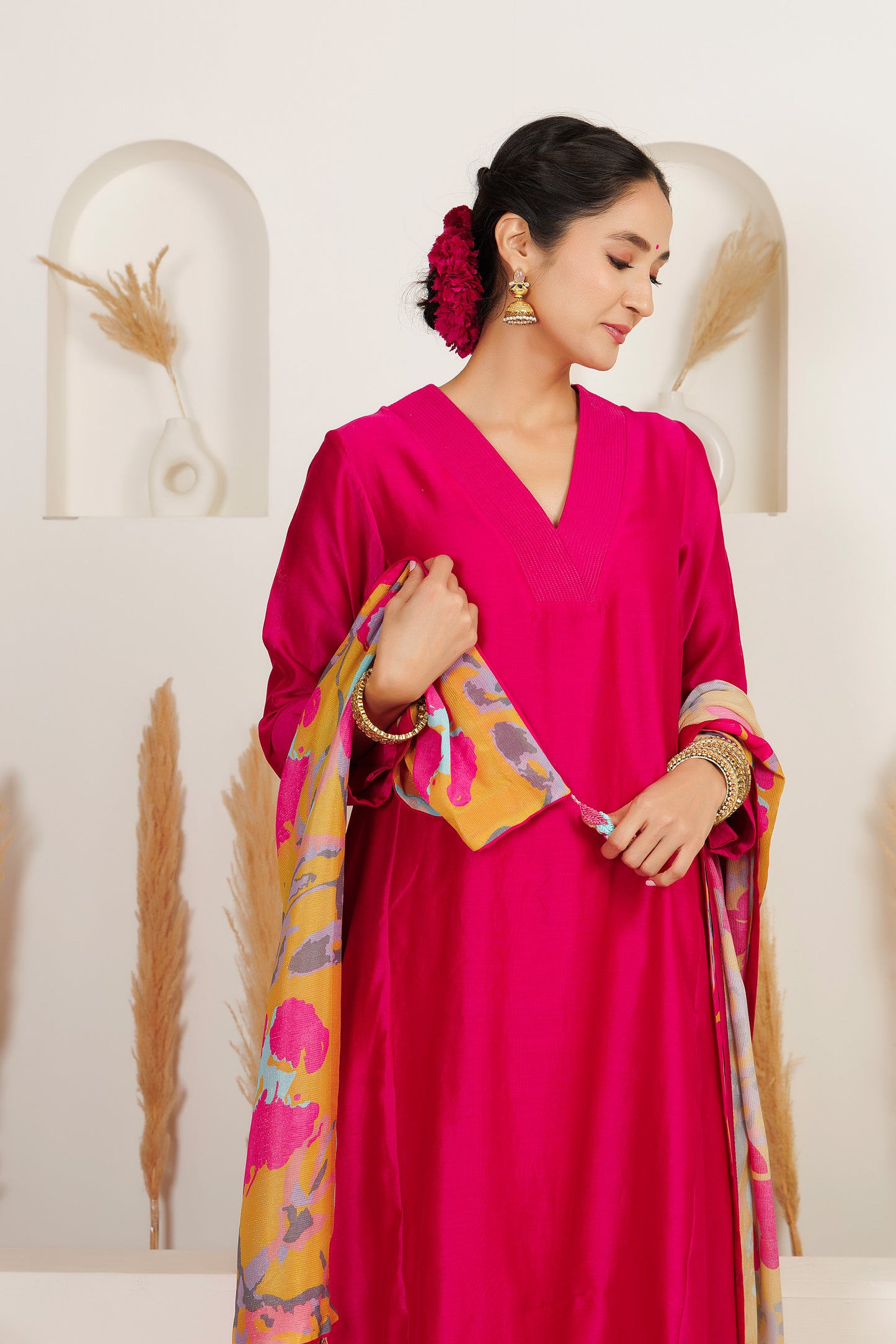 MMD/GUL/ 103 Chanderi gulab kurta with a pink chanderi palazzo with a gul printed georgette dupatta