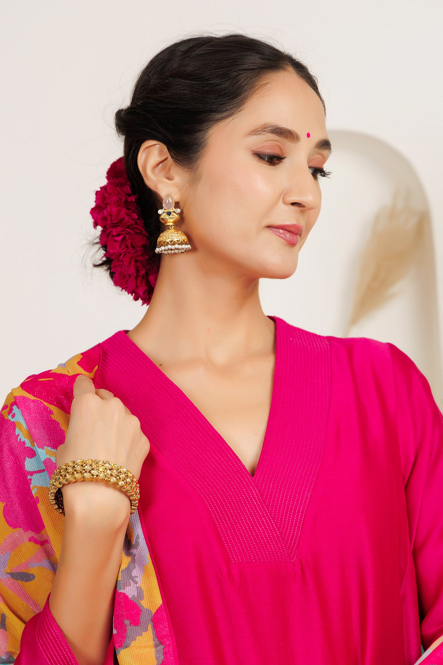 MMD/GUL/ 103 Chanderi gulab kurta with a pink chanderi palazzo with a gul printed georgette dupatta