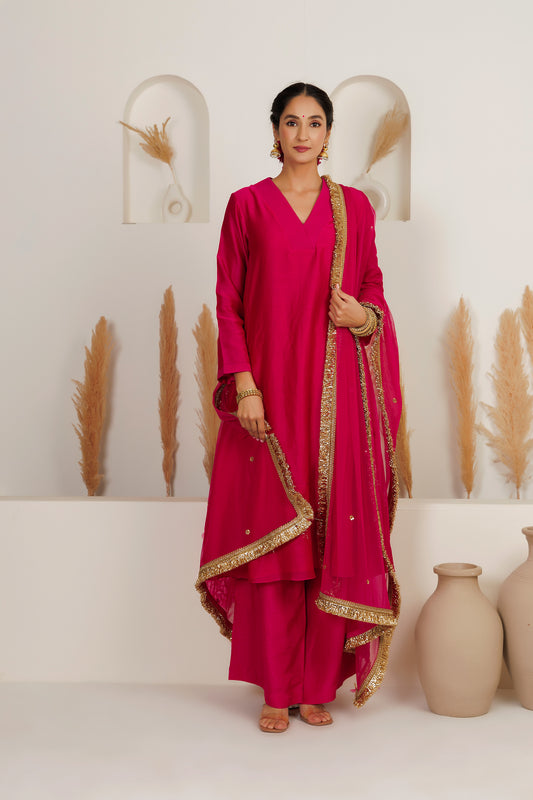 MMD/ GUL/ 107 Chanderi gulab kurta with a pink chanderi palazzo with a chinta sitara kinari dupatta.