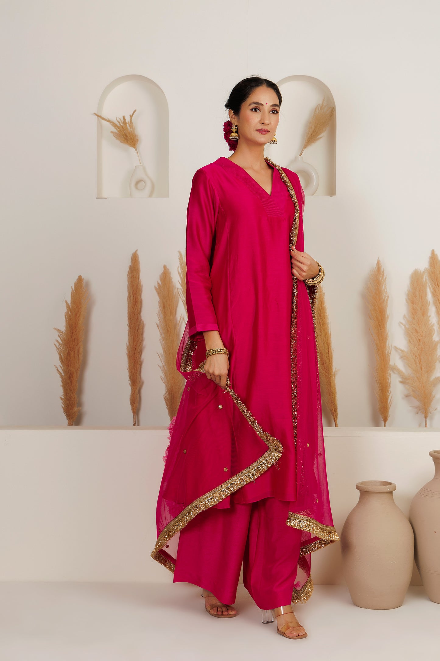 MMD/ GUL/ 107 Chanderi gulab kurta with a pink chanderi palazzo with a chinta sitara kinari dupatta.