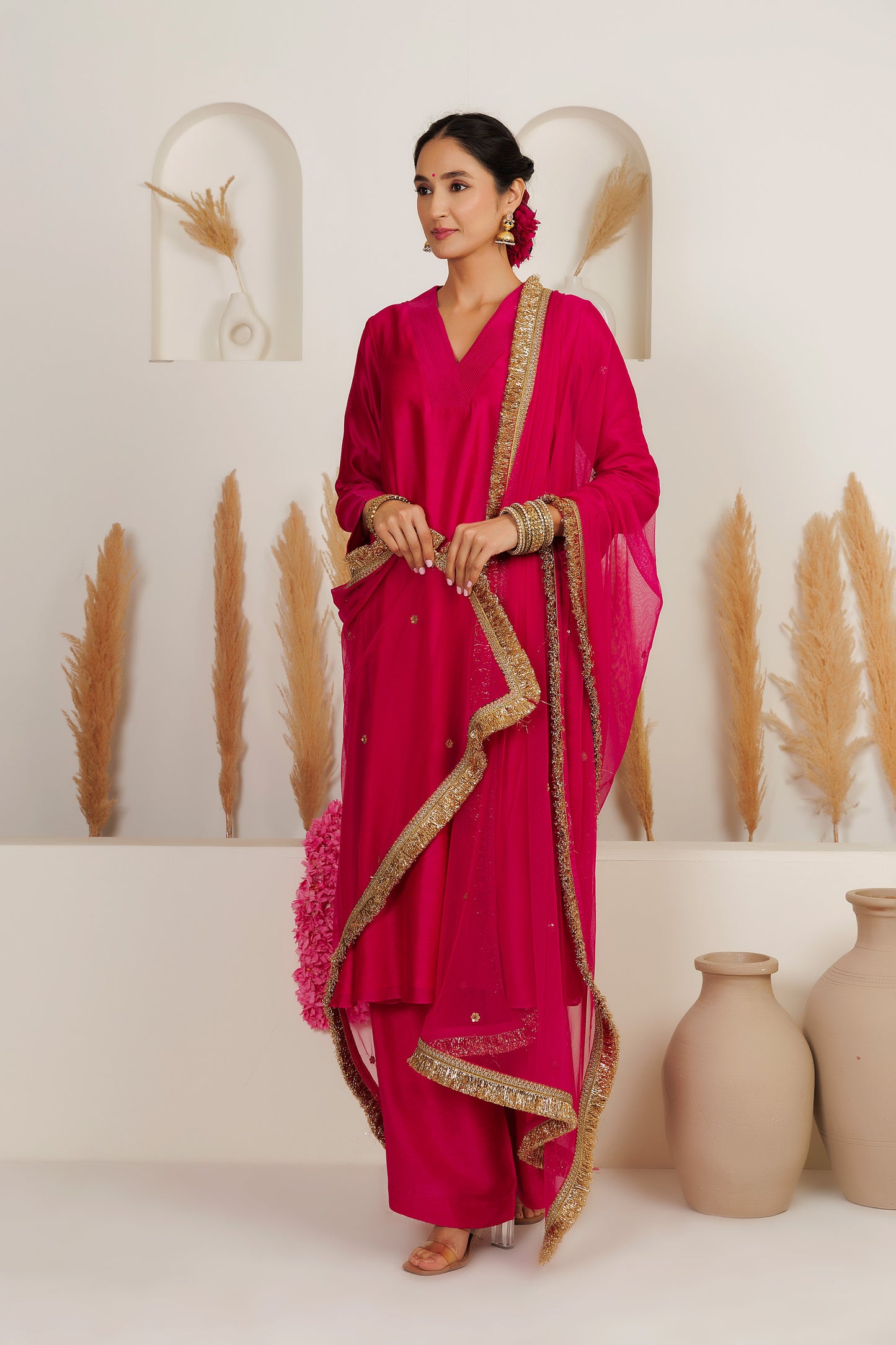 MMD/ GUL/ 107 Chanderi gulab kurta with a pink chanderi palazzo with a chinta sitara kinari dupatta.
