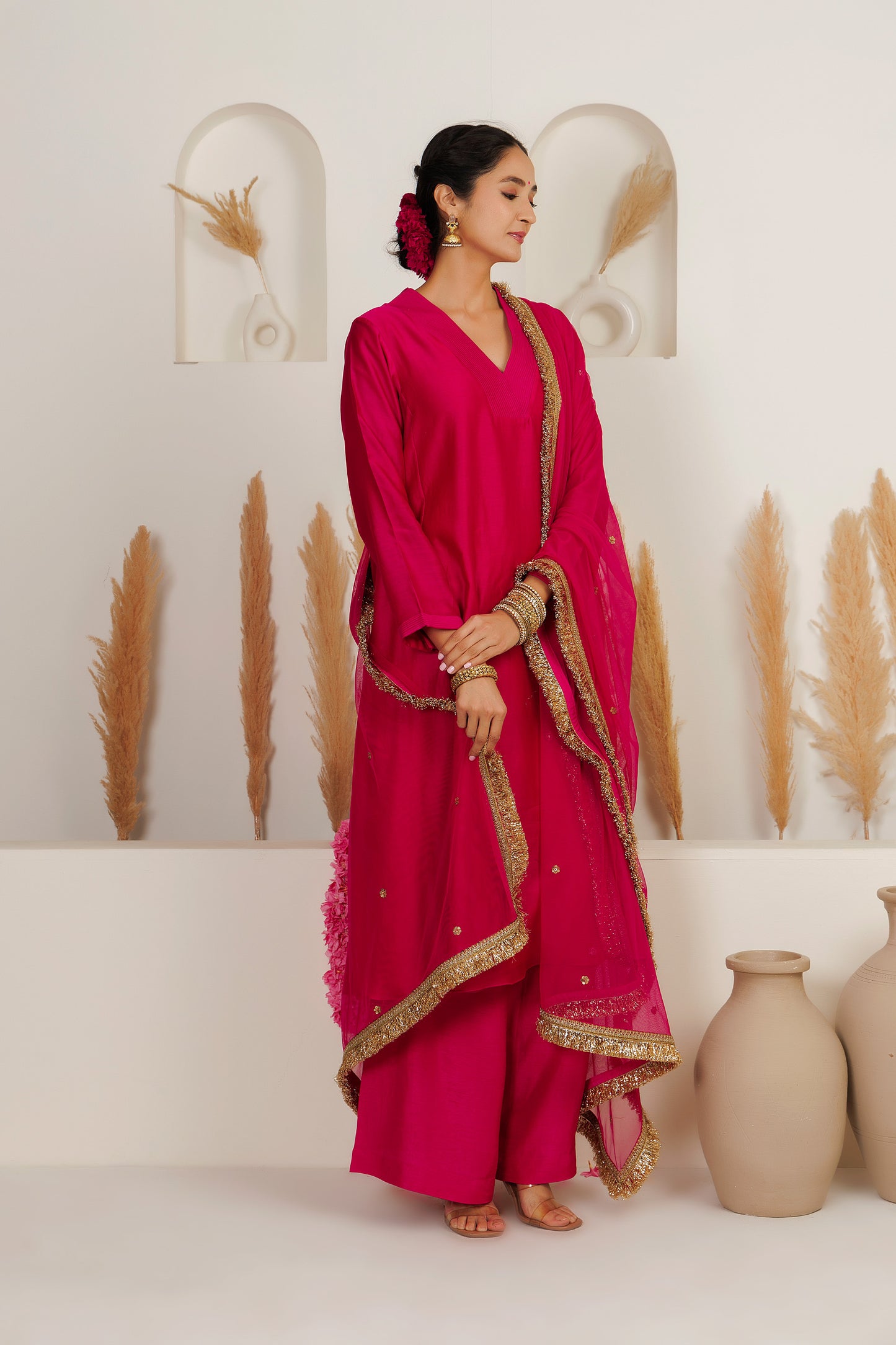 MMD/ GUL/ 107 Chanderi gulab kurta with a pink chanderi palazzo with a chinta sitara kinari dupatta.