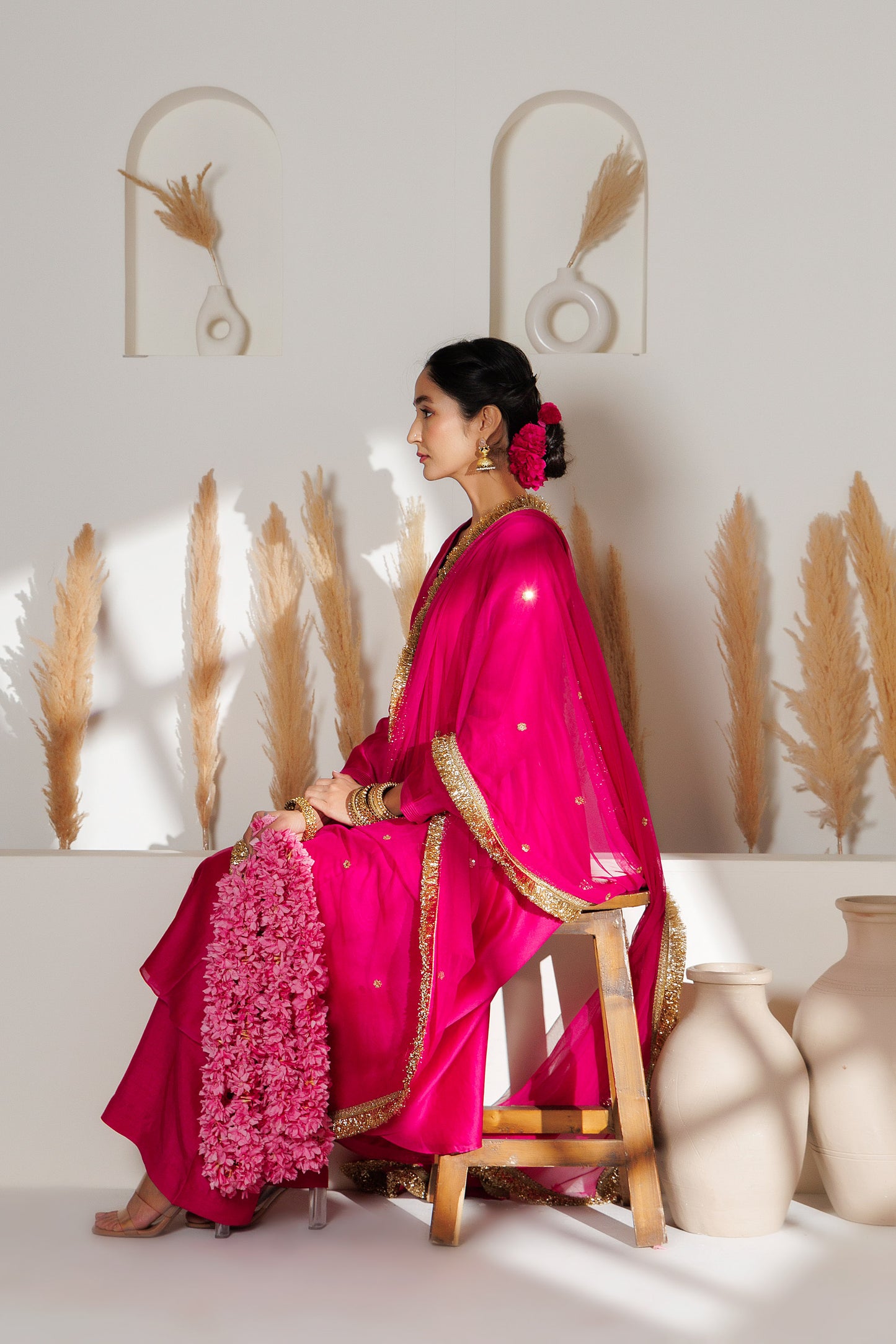 MMD/ GUL/ 107 Chanderi gulab kurta with a pink chanderi palazzo with a chinta sitara kinari dupatta.