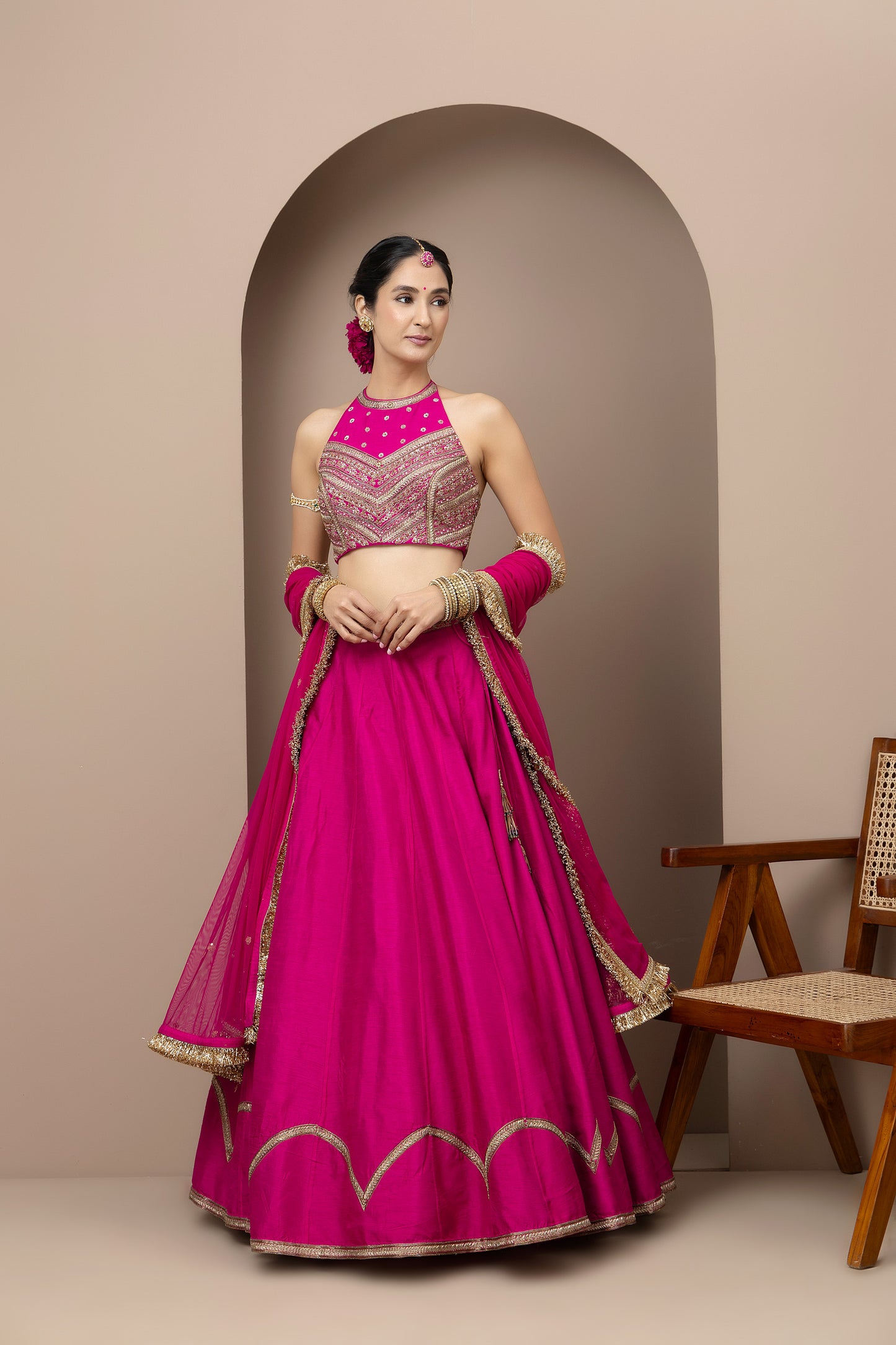 MMD/GUL/104 Gulab halter embroidered dupion blouse with a pink dupion mehrab lehenga with chinta sitara kinari dupatta.