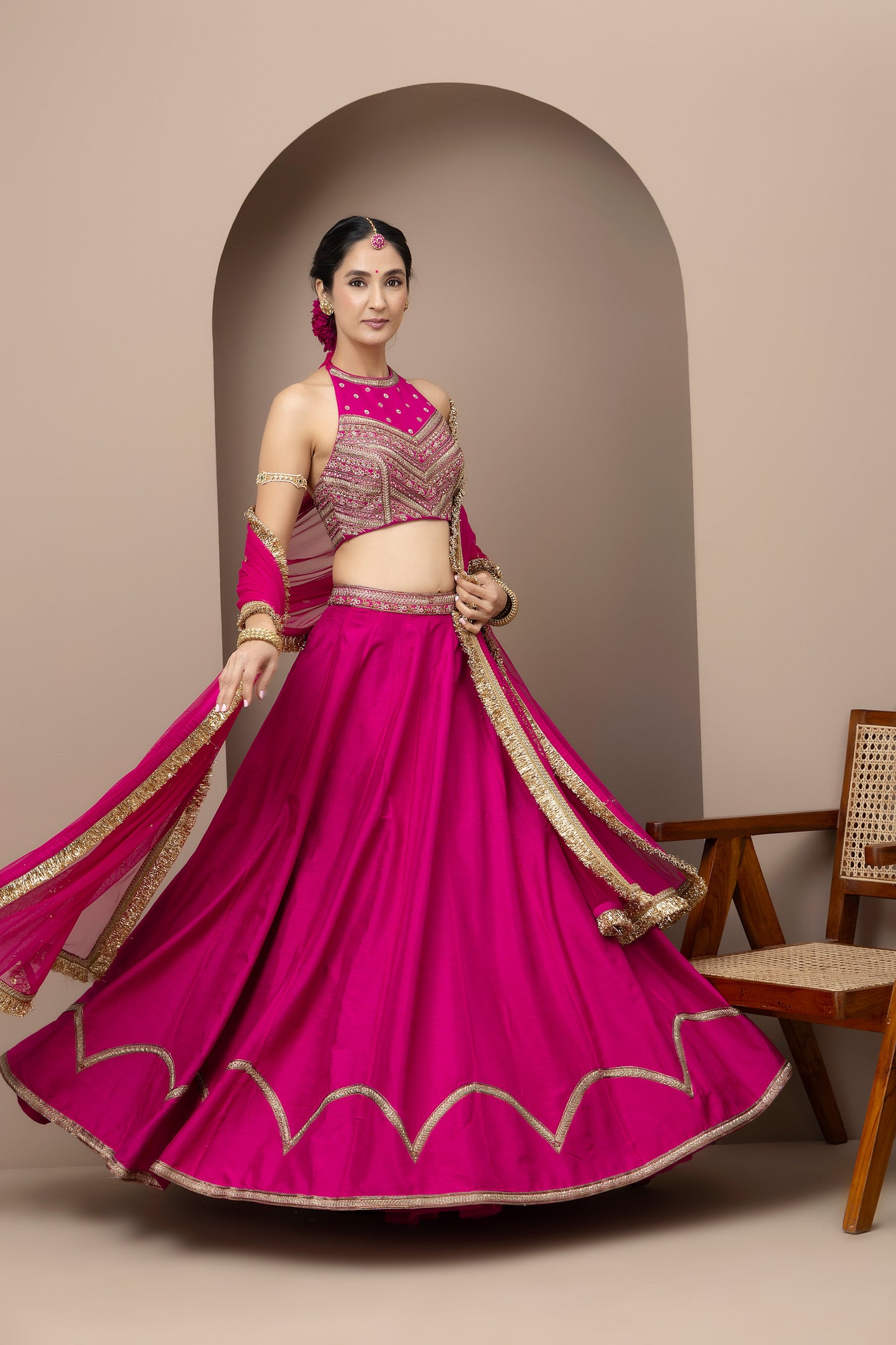 MMD/GUL/104 Gulab halter embroidered dupion blouse with a pink dupion mehrab lehenga with chinta sitara kinari dupatta.