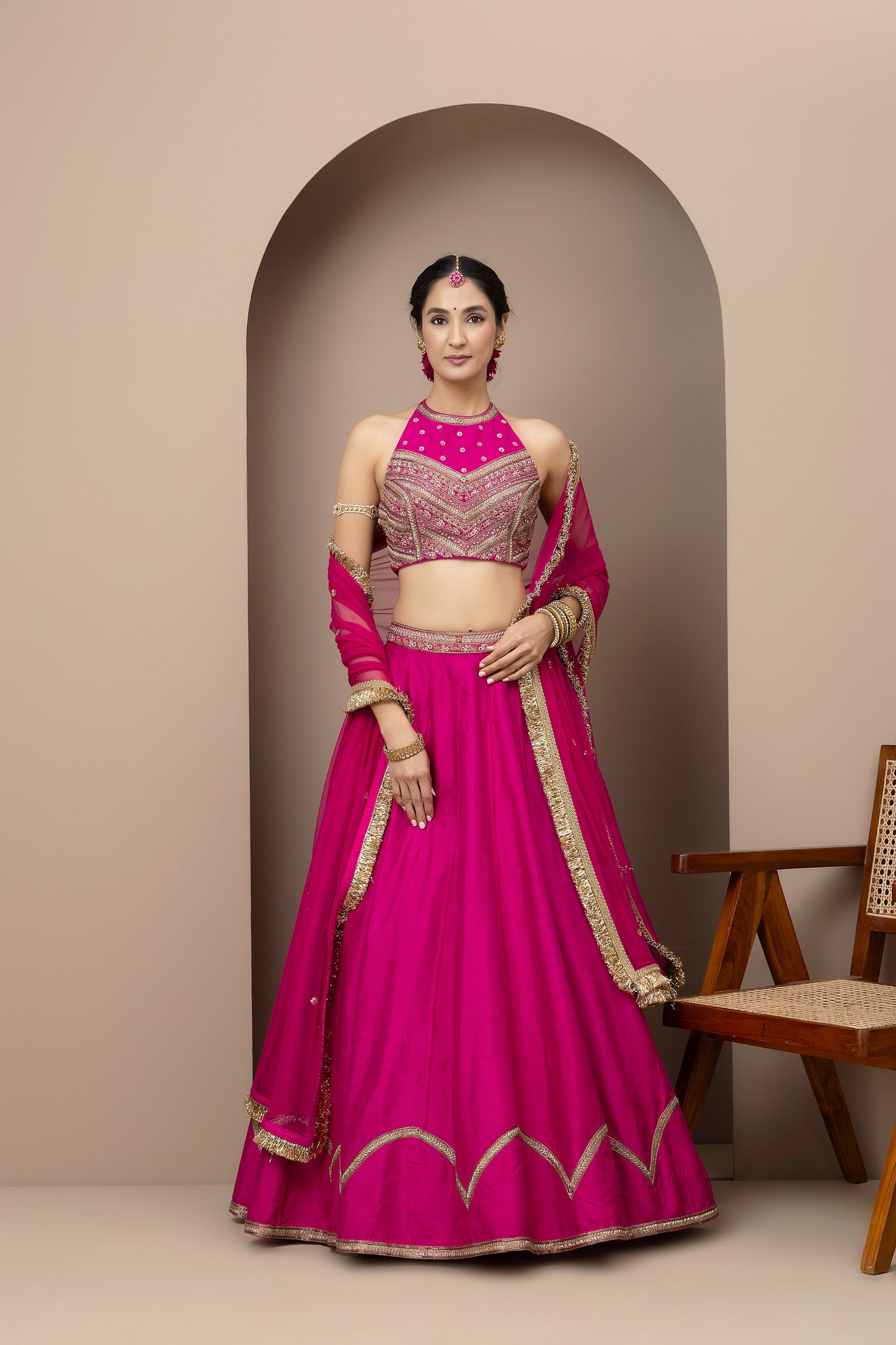 MMD/GUL/104 Gulab halter embroidered dupion blouse with a pink dupion mehrab lehenga with chinta sitara kinari dupatta.
