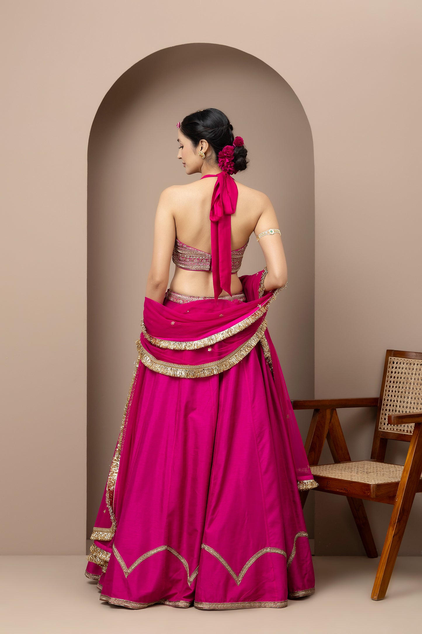 MMD/GUL/104 Gulab halter embroidered dupion blouse with a pink dupion mehrab lehenga with chinta sitara kinari dupatta.