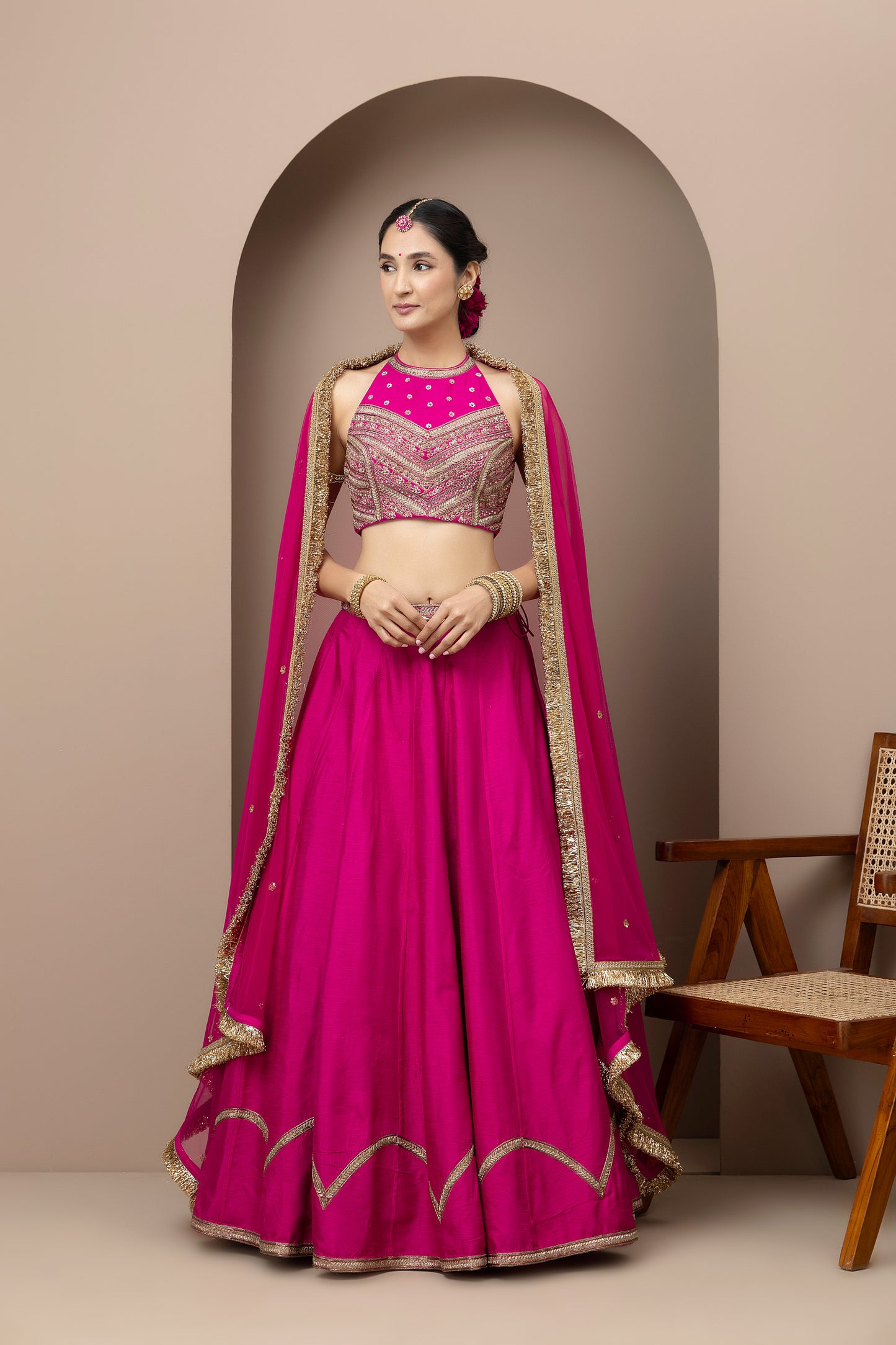 MMD/GUL/104 Gulab halter embroidered dupion blouse with a pink dupion mehrab lehenga with chinta sitara kinari dupatta.