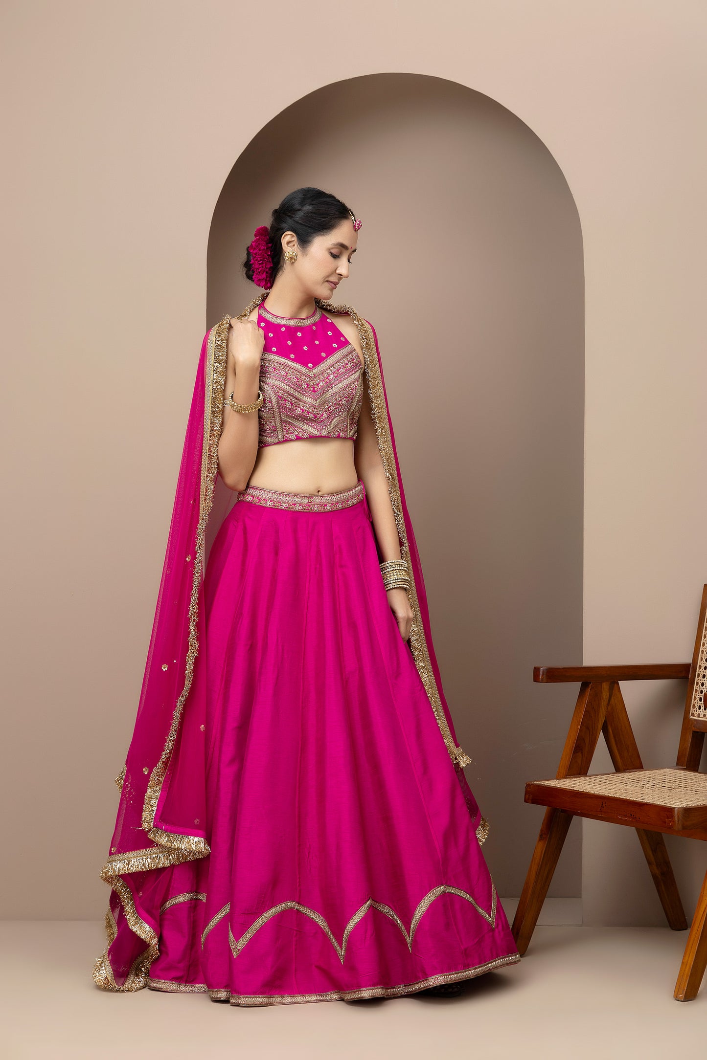 MMD/GUL/104 Gulab halter embroidered dupion blouse with a pink dupion mehrab lehenga with chinta sitara kinari dupatta.