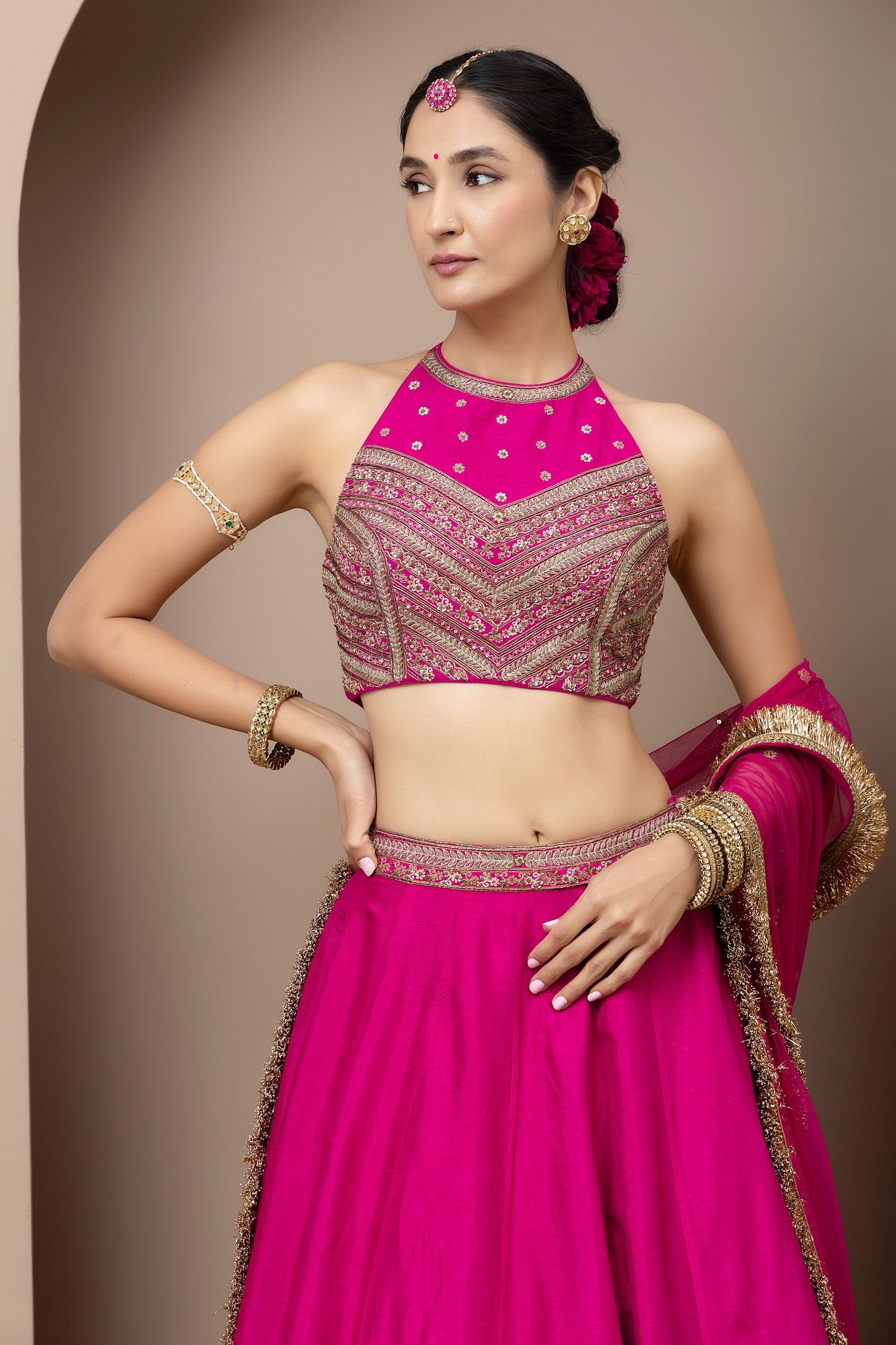 MMD/GUL/104 Gulab halter embroidered dupion blouse with a pink dupion mehrab lehenga with chinta sitara kinari dupatta.