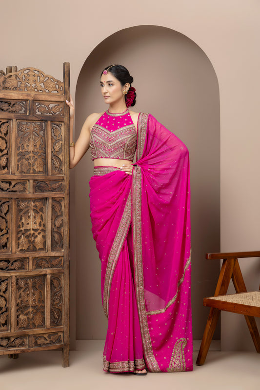MMD/GUL/105 Gulab halter embroidered dupion blouse with a gul naar ambi georgette saree.
