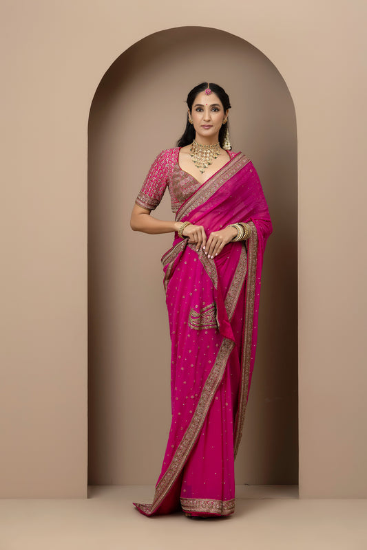 MMD/GUL/106 Gulab aangi embroidered dupion blouse with a gul naar ambi georgette saree.