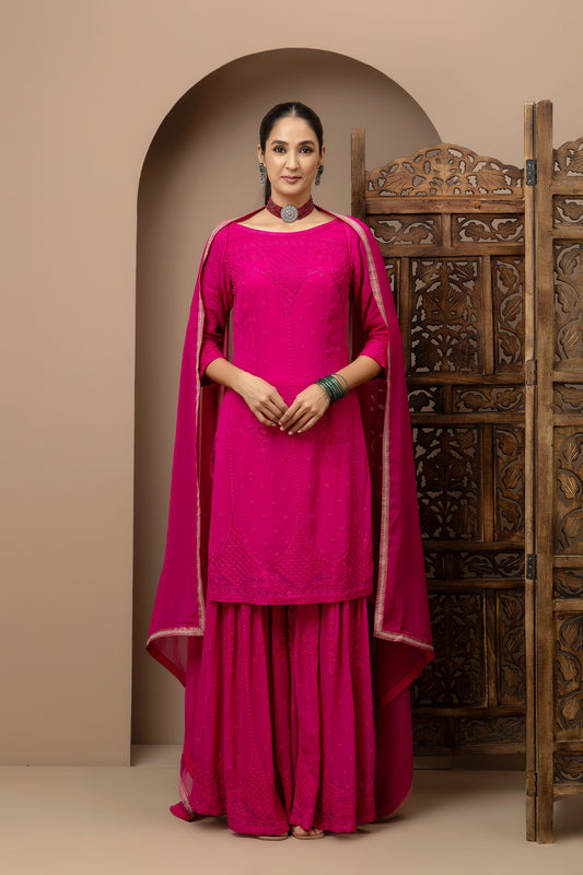 MMD/GUL/110 Boat neck georgette embroidered kurta gharara set paired with georgette dupatta with aari border..