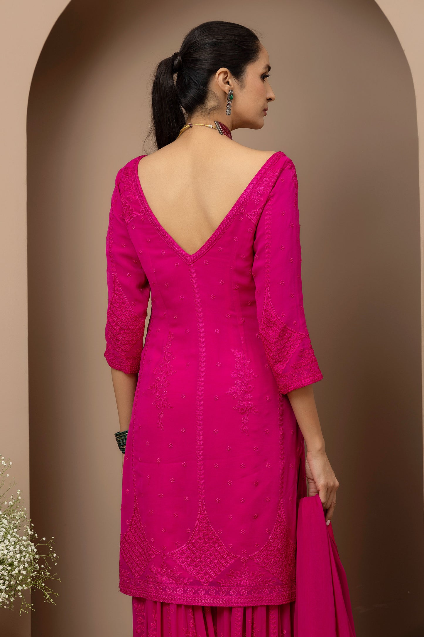 MMD/GUL/110 Boat neck georgette embroidered kurta gharara set paired with georgette dupatta with aari border..