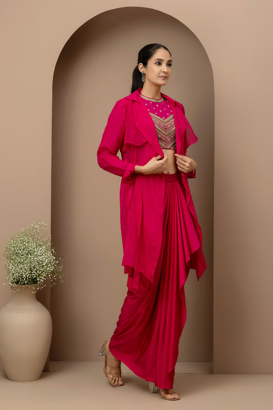 MMD/GUL/111 Gulab halter embroidered dupion blouse with lycra dhoti stitched pants with organza overlay jacket.