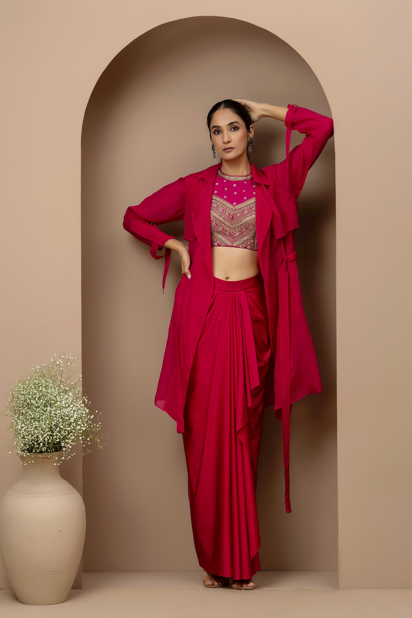 MMD/GUL/111 Gulab halter embroidered dupion blouse with lycra dhoti stitched pants with organza overlay jacket.