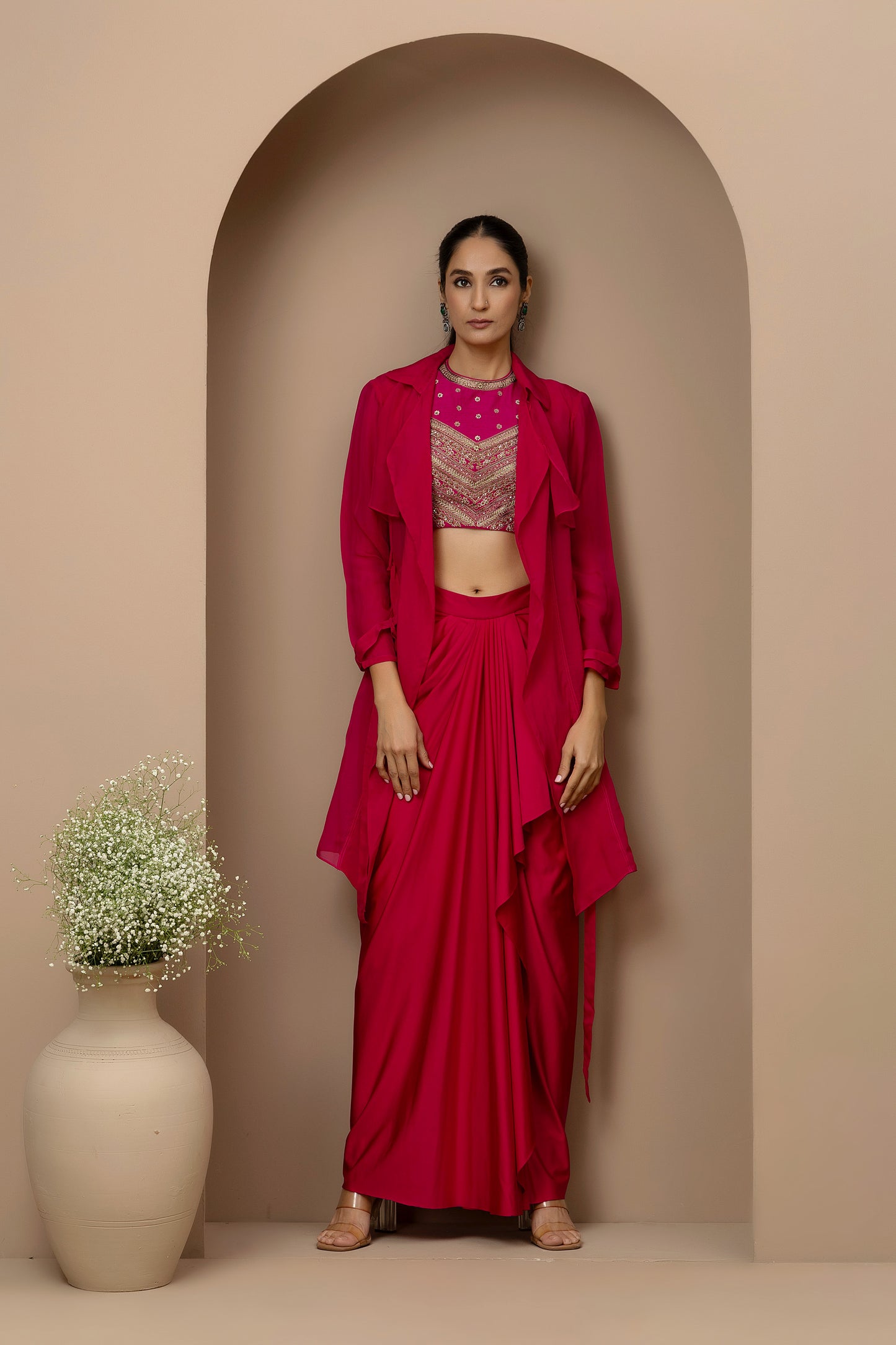 MMD/GUL/111 Gulab halter embroidered dupion blouse with lycra dhoti stitched pants with organza overlay jacket.