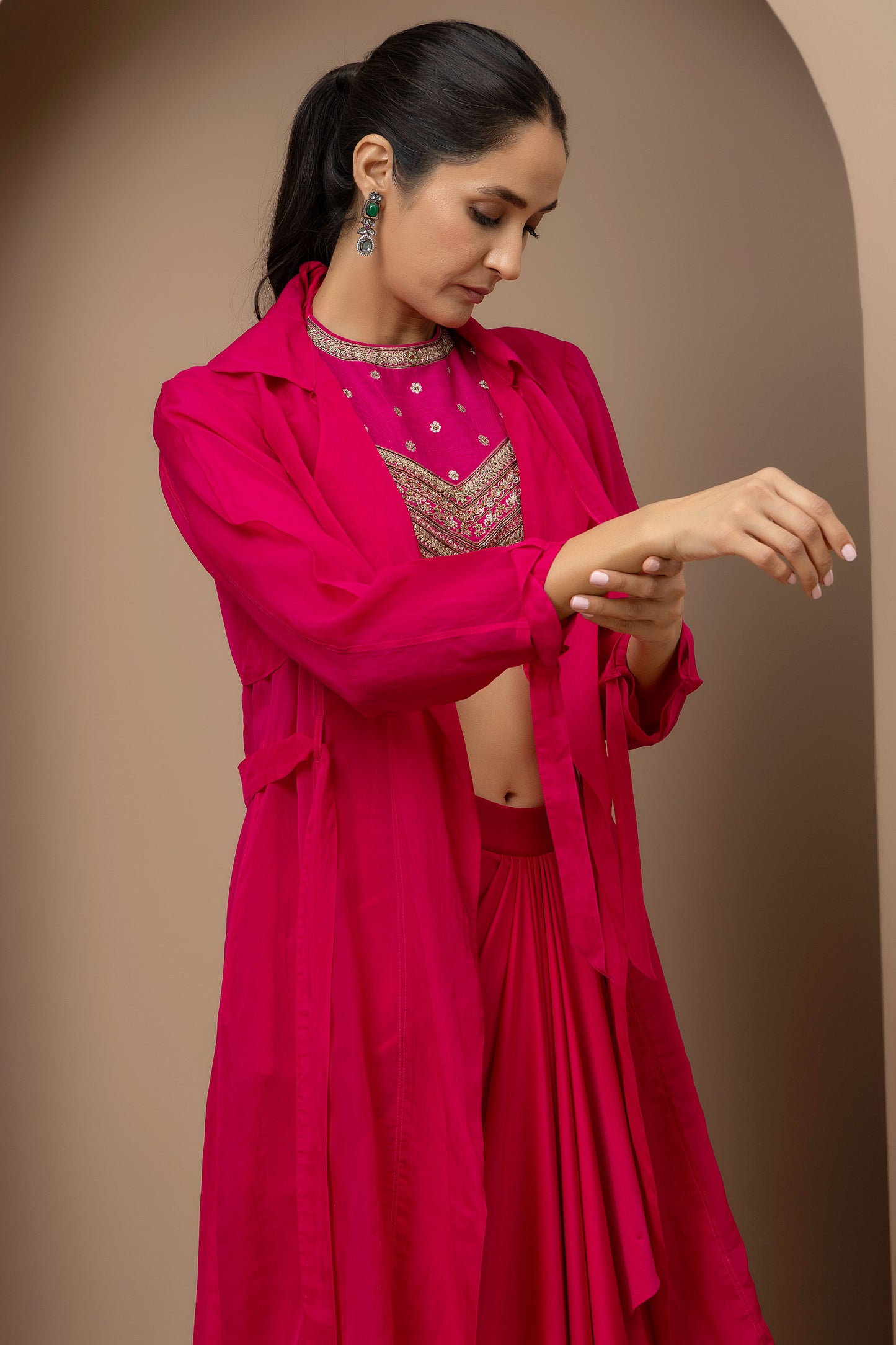 MMD/GUL/111 Gulab halter embroidered dupion blouse with lycra dhoti stitched pants with organza overlay jacket.