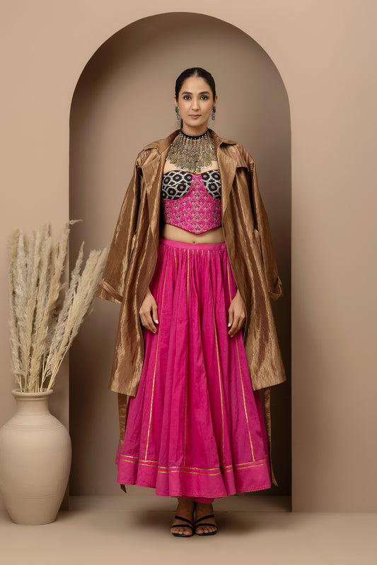 MMD/GUL/113 Aari embroidered corset blouse with mul cotton ghaghra complemented by a gold tissue jacket for a refined contemporary look.