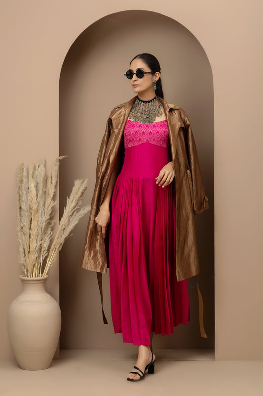 MMD/GUL/114 Aari embroidered yoke silk dupion dress complemented by a gold tissue jacket for a refined contemporary look.