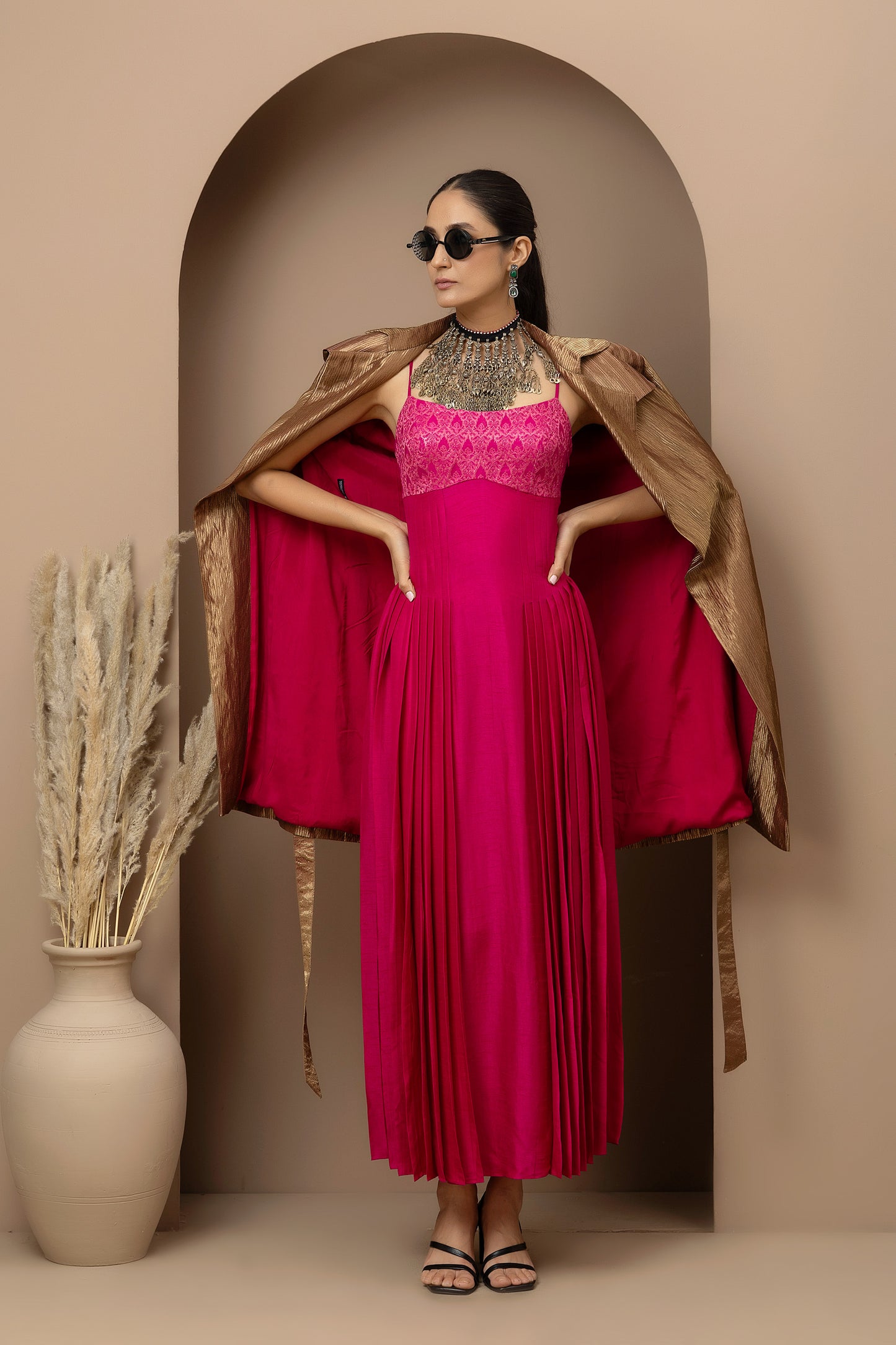MMD/GUL/114 Aari embroidered yoke silk dupion dress complemented by a gold tissue jacket for a refined contemporary look.
