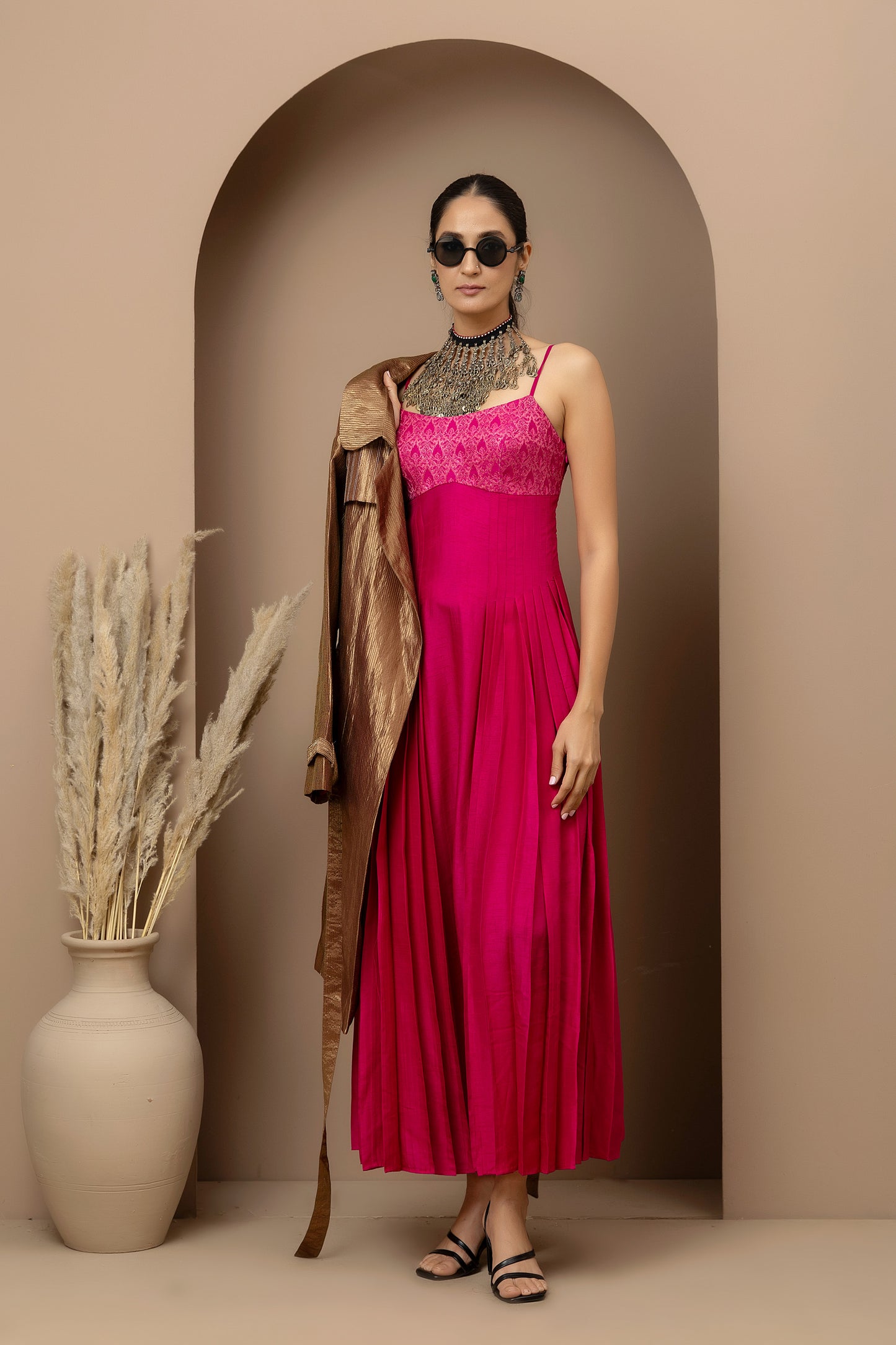 MMD/GUL/114 Aari embroidered yoke silk dupion dress complemented by a gold tissue jacket for a refined contemporary look.