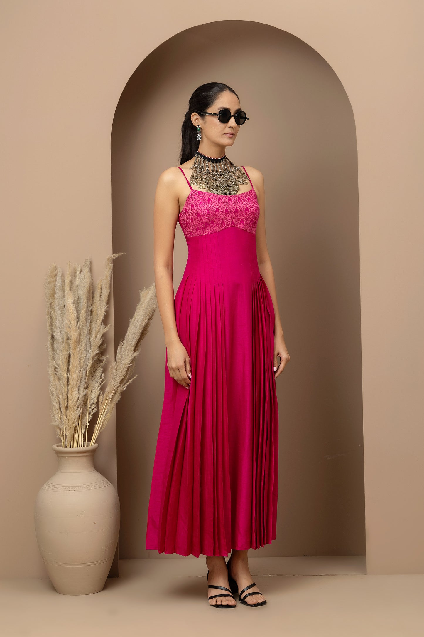 MMD/GUL/114 Aari embroidered yoke silk dupion dress complemented by a gold tissue jacket for a refined contemporary look.